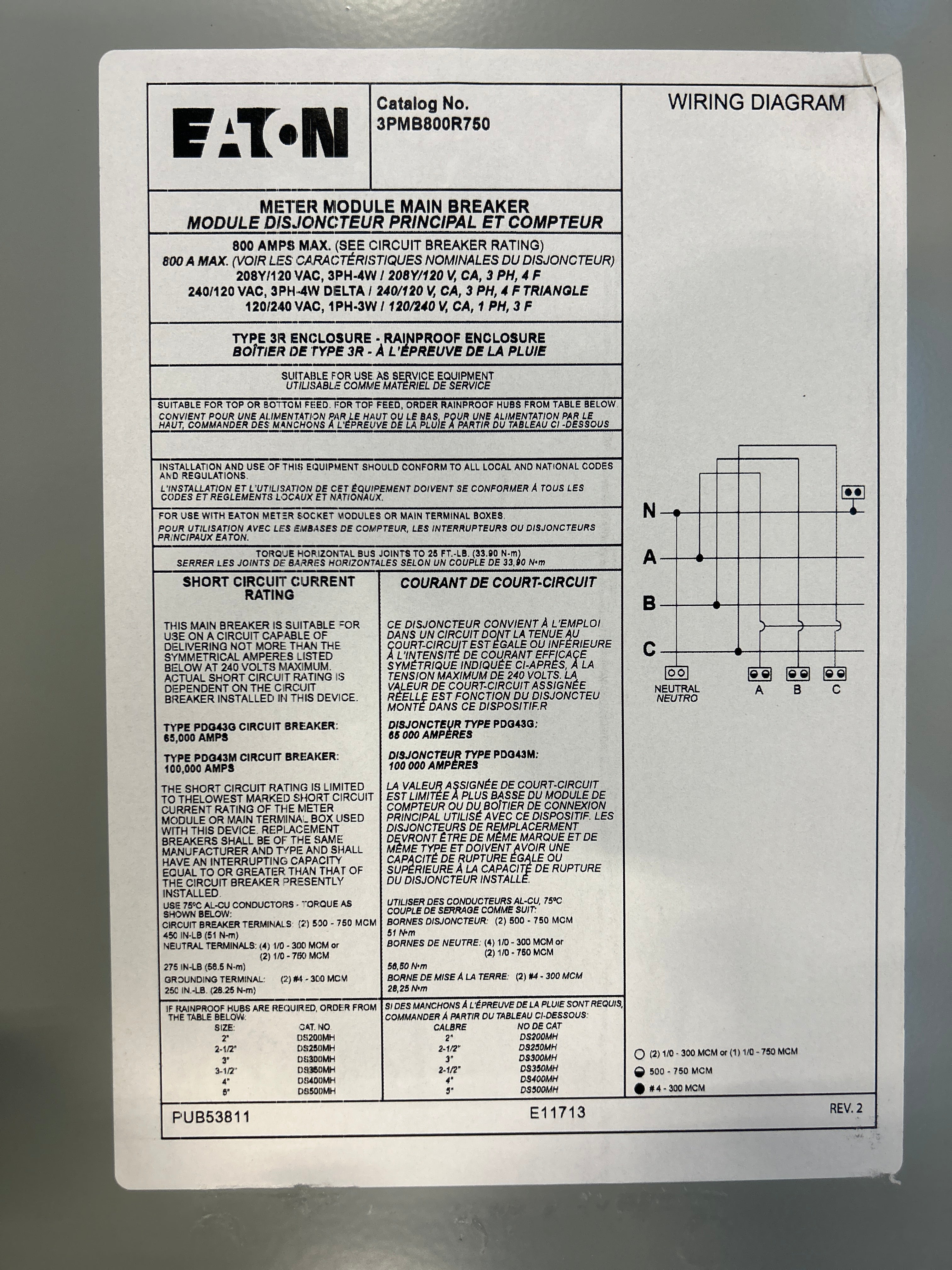 Eaton 3PMB800R750 (Similar to 3PMB800R) 3 Phase 800A Main Circuit Brea