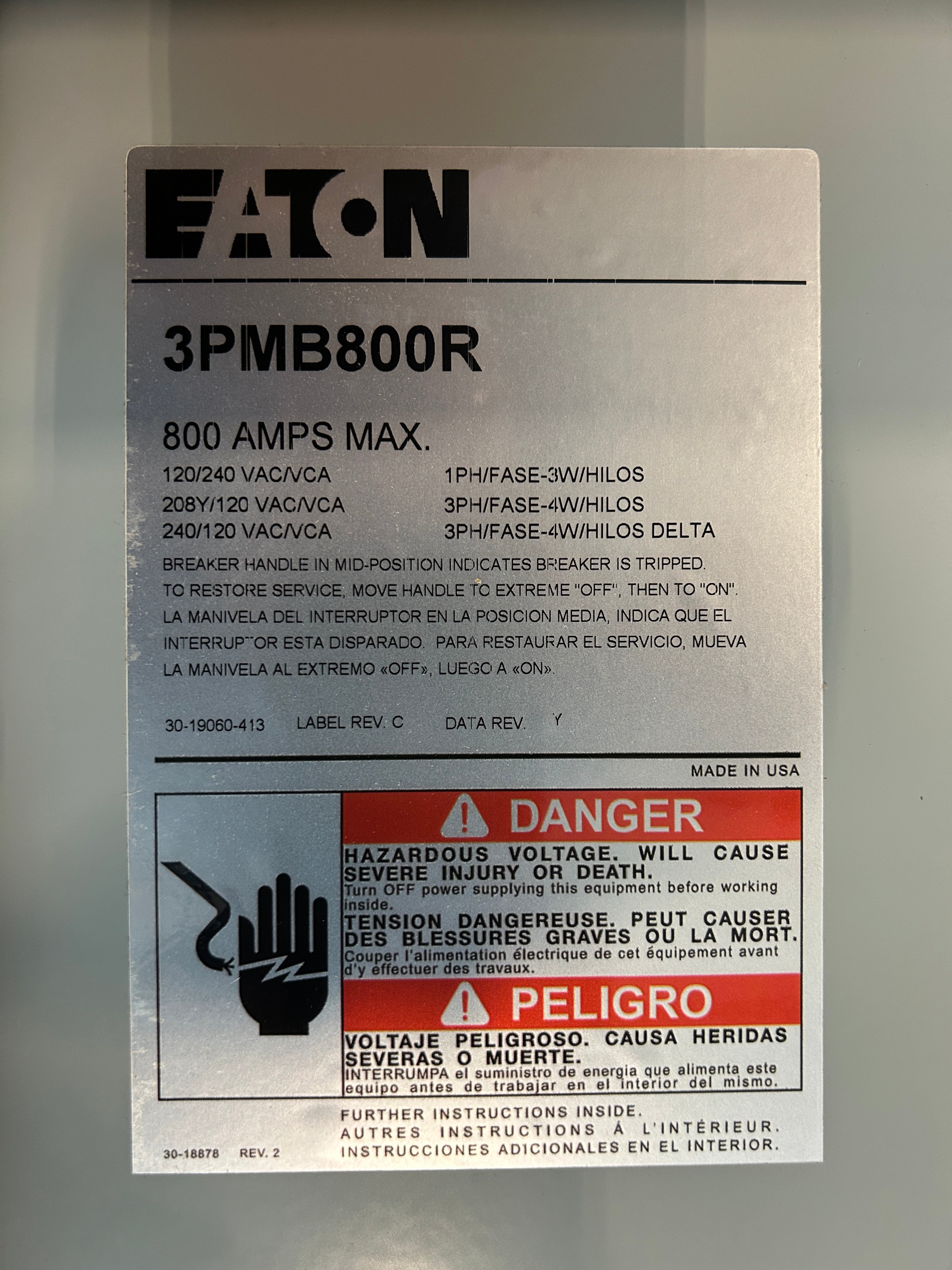 Eaton 3PMB800R 3PH 800A Main Disconnect for Modular Metering