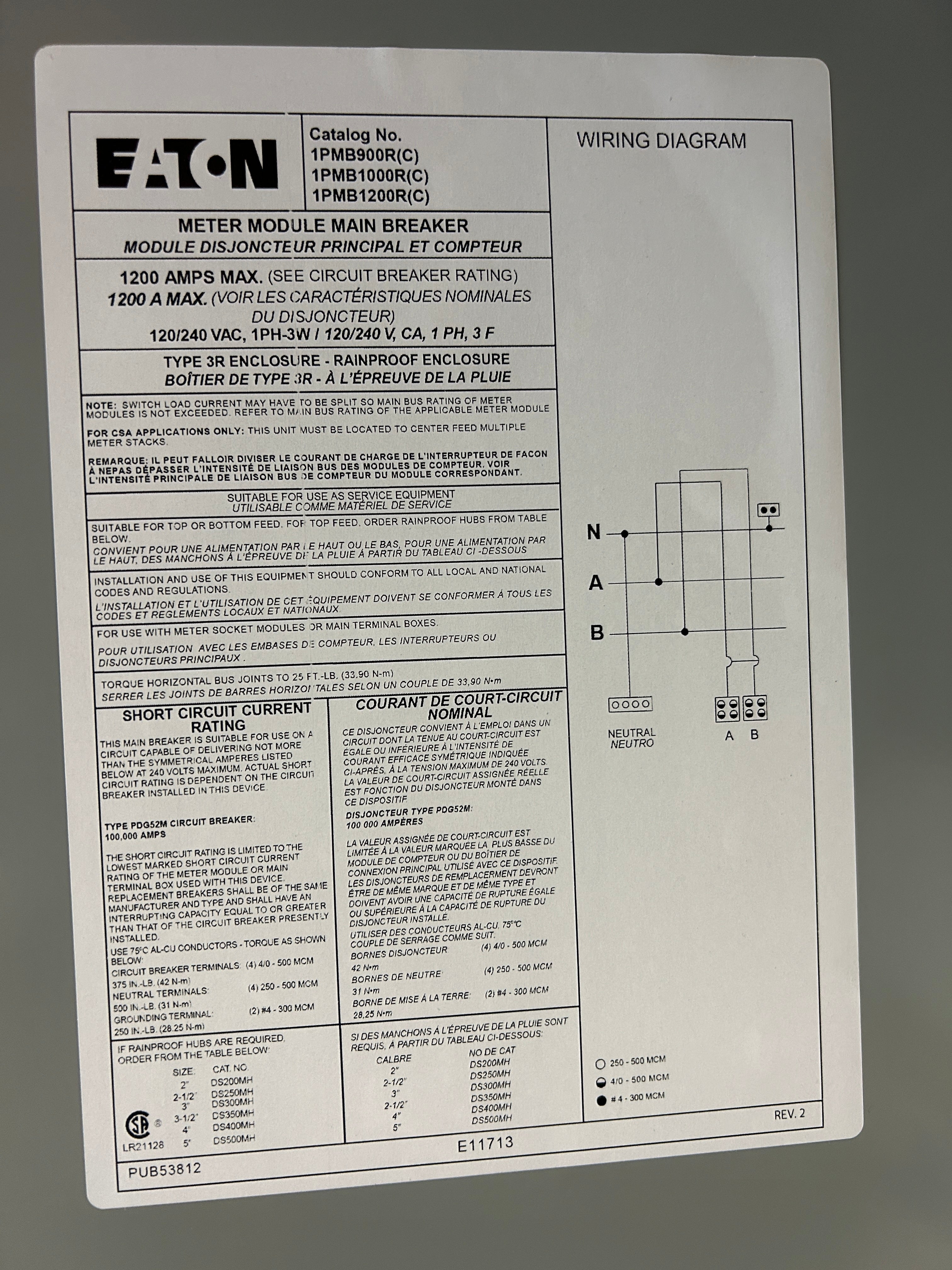 Eaton 1PMB1200R 1200A Single Phase Main Disconnect With Arcflash Reduction Maintenance System