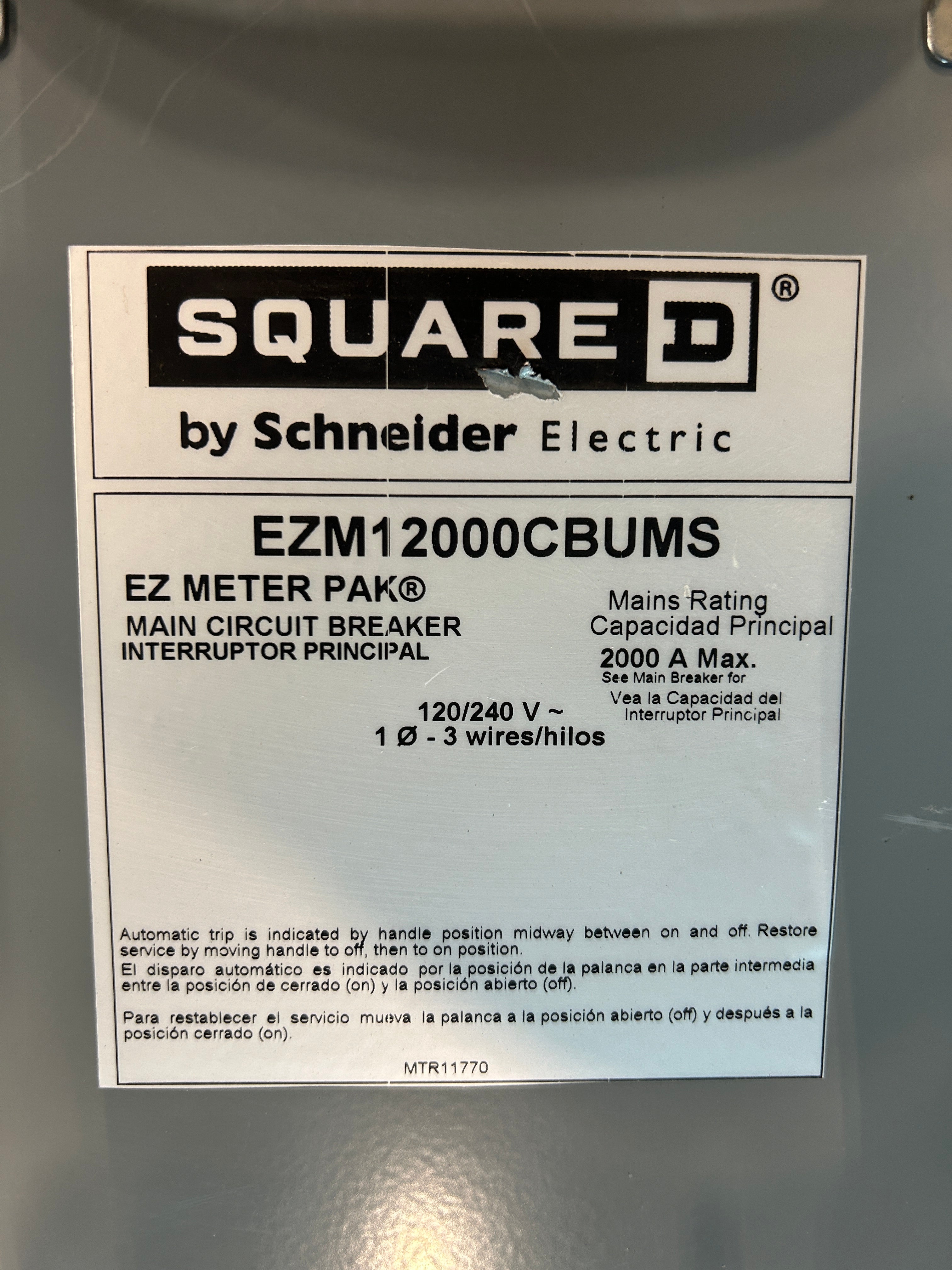 Square D EZM12000CBUMS 1PH 2000A Main Disconnect w/ERMS Energy Reduction Maintenance Switch
