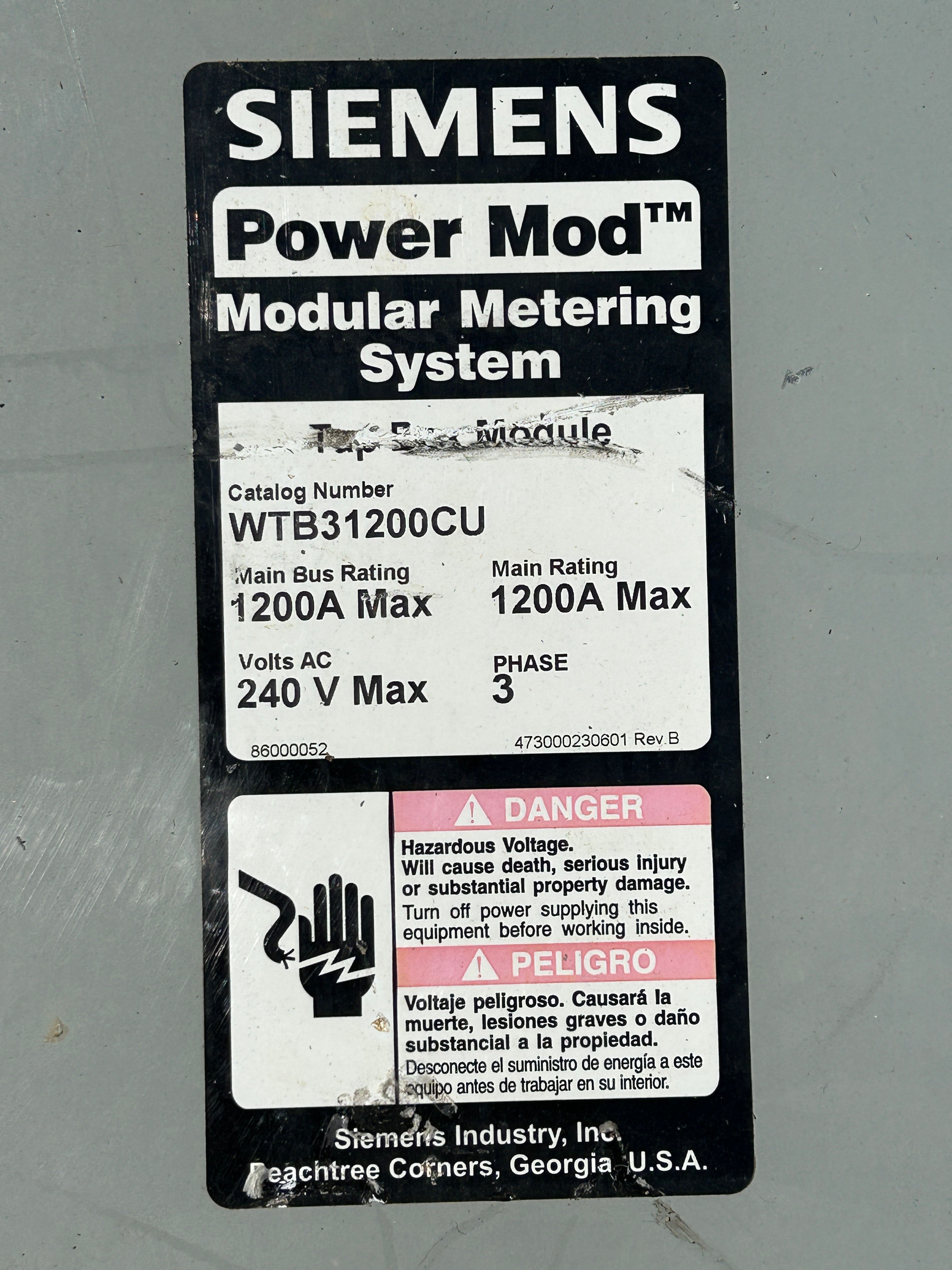 Siemens WTB31200CU 3PH 1200A 100kAIC Underground or Overhead Tap Box