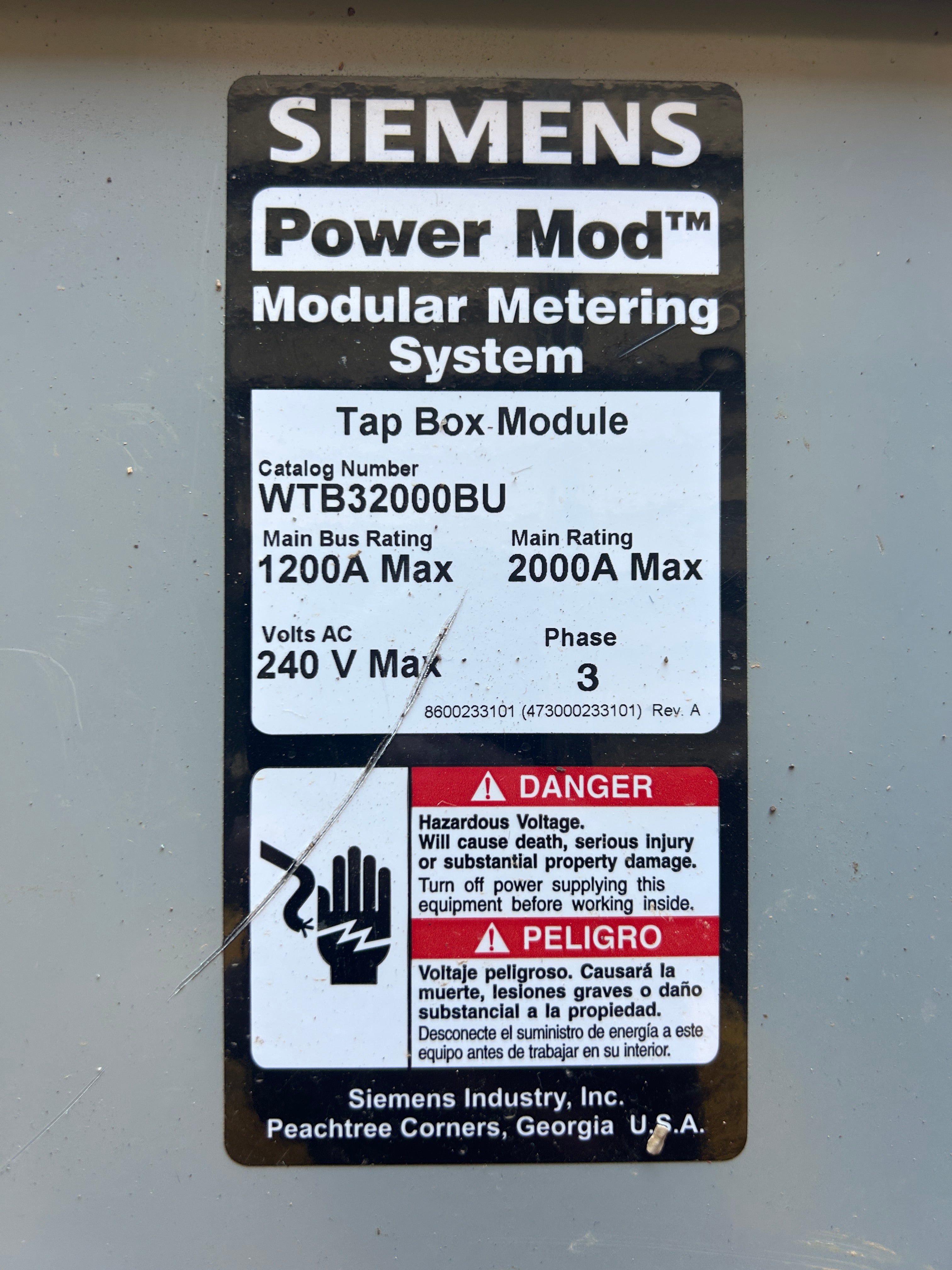SIEMENS WTB32000BU EUSERC Rated 2000A 3PH UG Tap Box for Modular Metering
