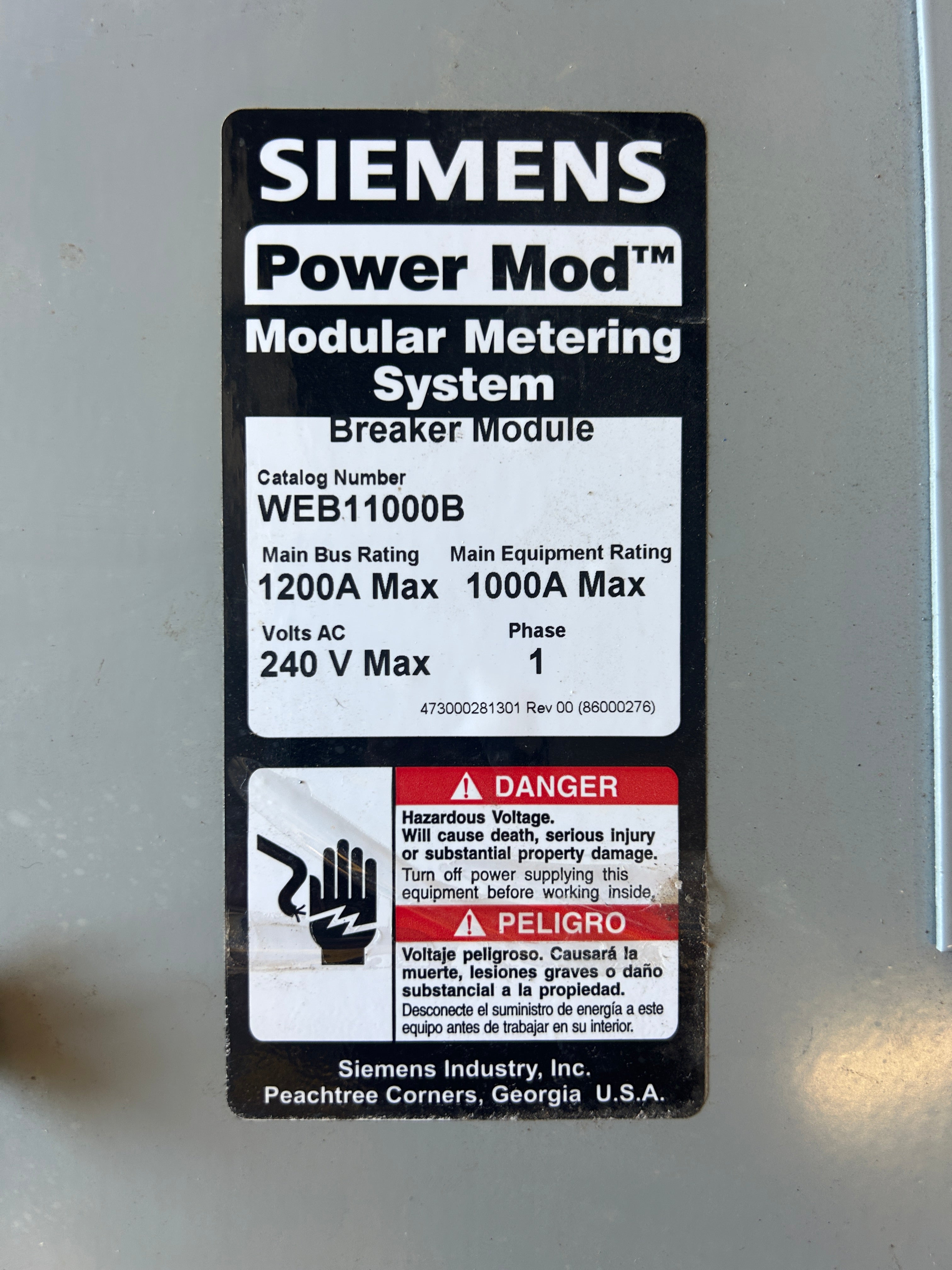 SIEMENS WEB11000B EUSERC Rated 1000A 1PH Main Breaker for Modular Metering + (2) Lug Kits