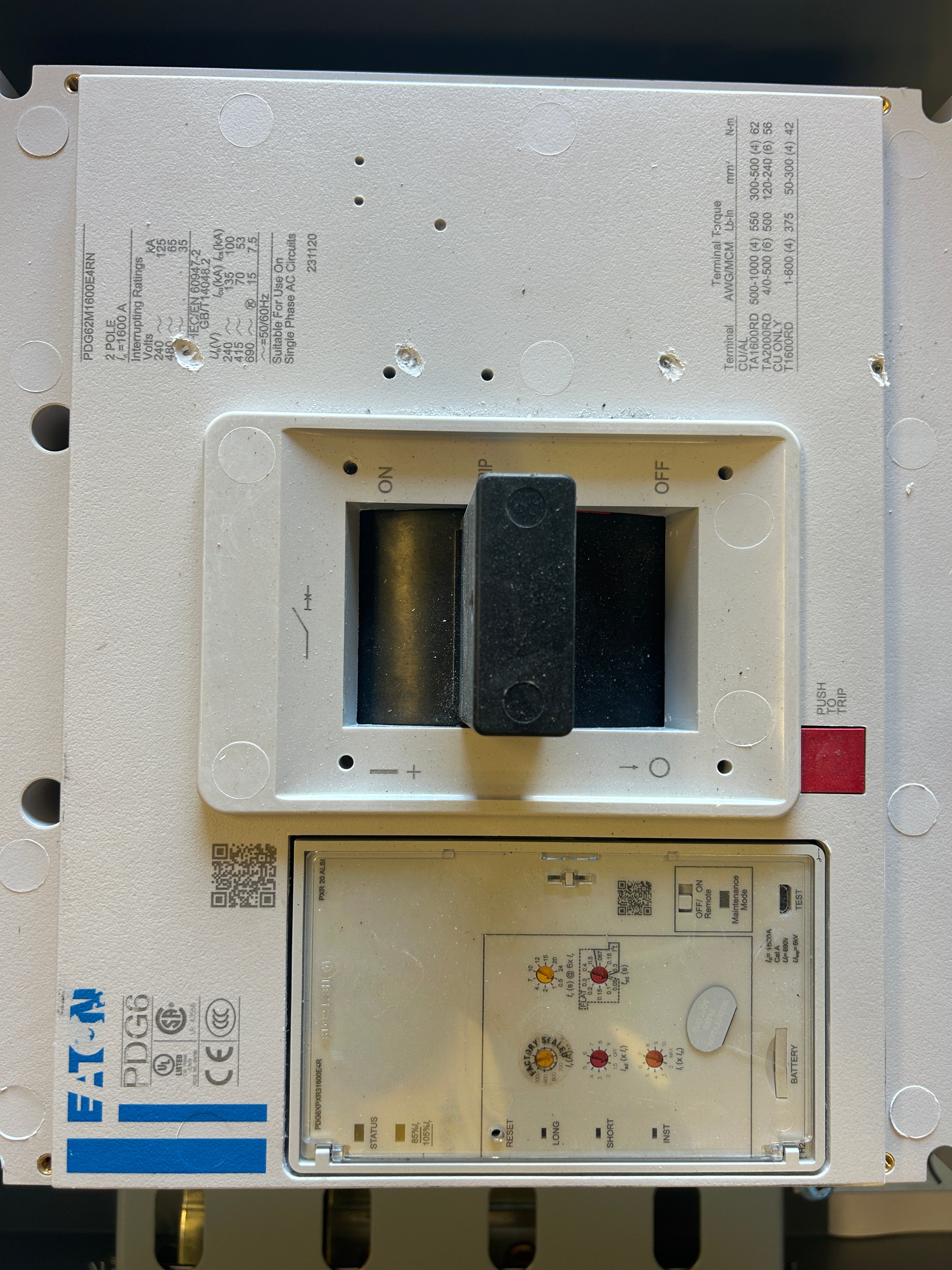 Eaton 1PMB1600RBC600 Single Phase 1600A ARMS Maintenance Mode 100kAIC Main Disconnect