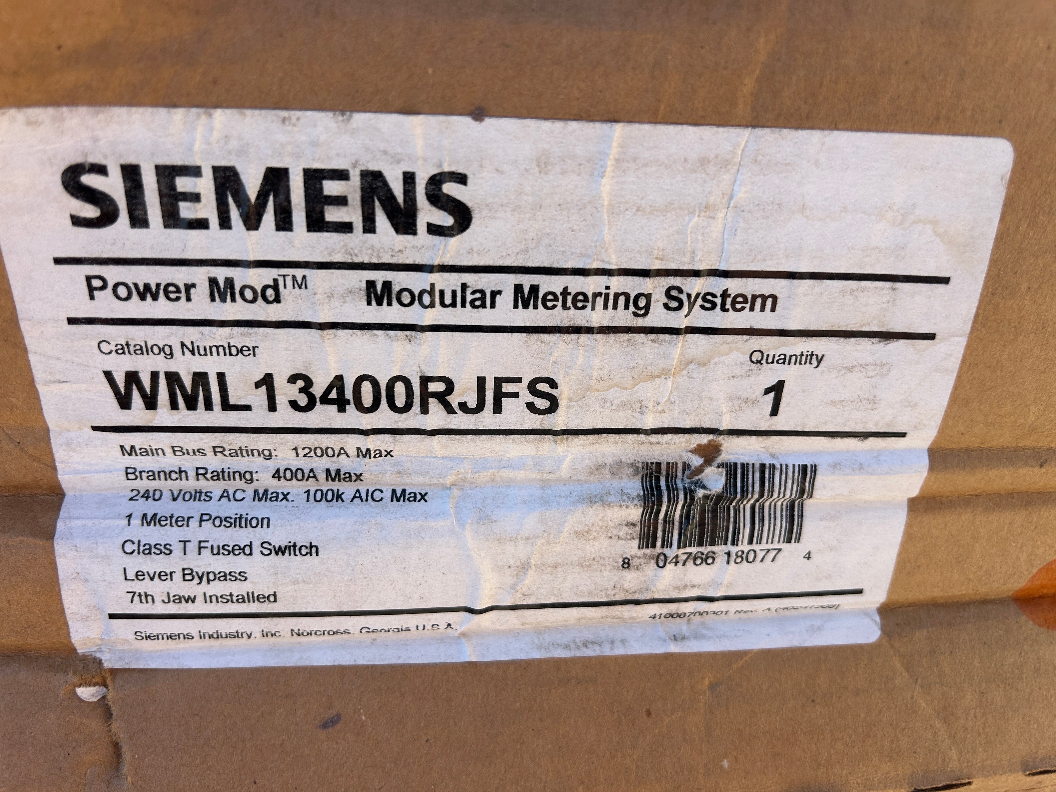 Siemens WML13400RJFS 3PH In/Out Ringless Lever Bypass 400A Fused Meter Stack