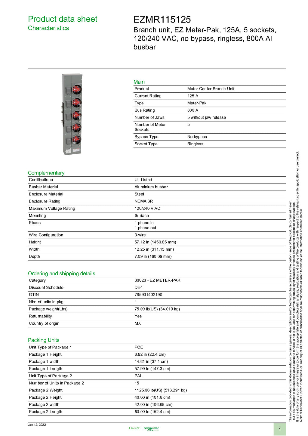Meter Stack Brochure Square D EZMR115125 1PH 5 Gang 125A Socket Ringless Meter Stack