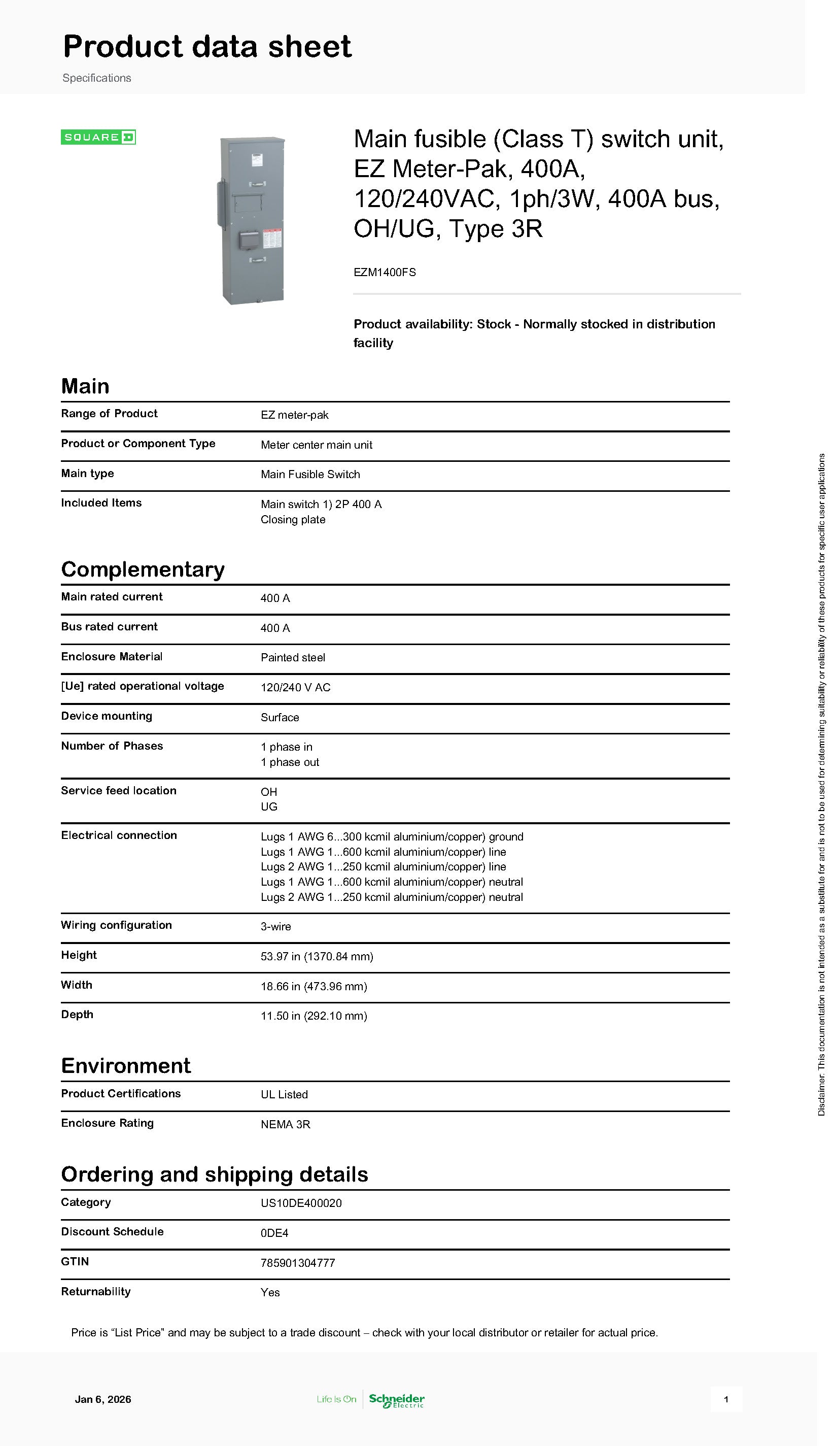Square D EZM1400FS 400A Main Fusible Switch Disconnect