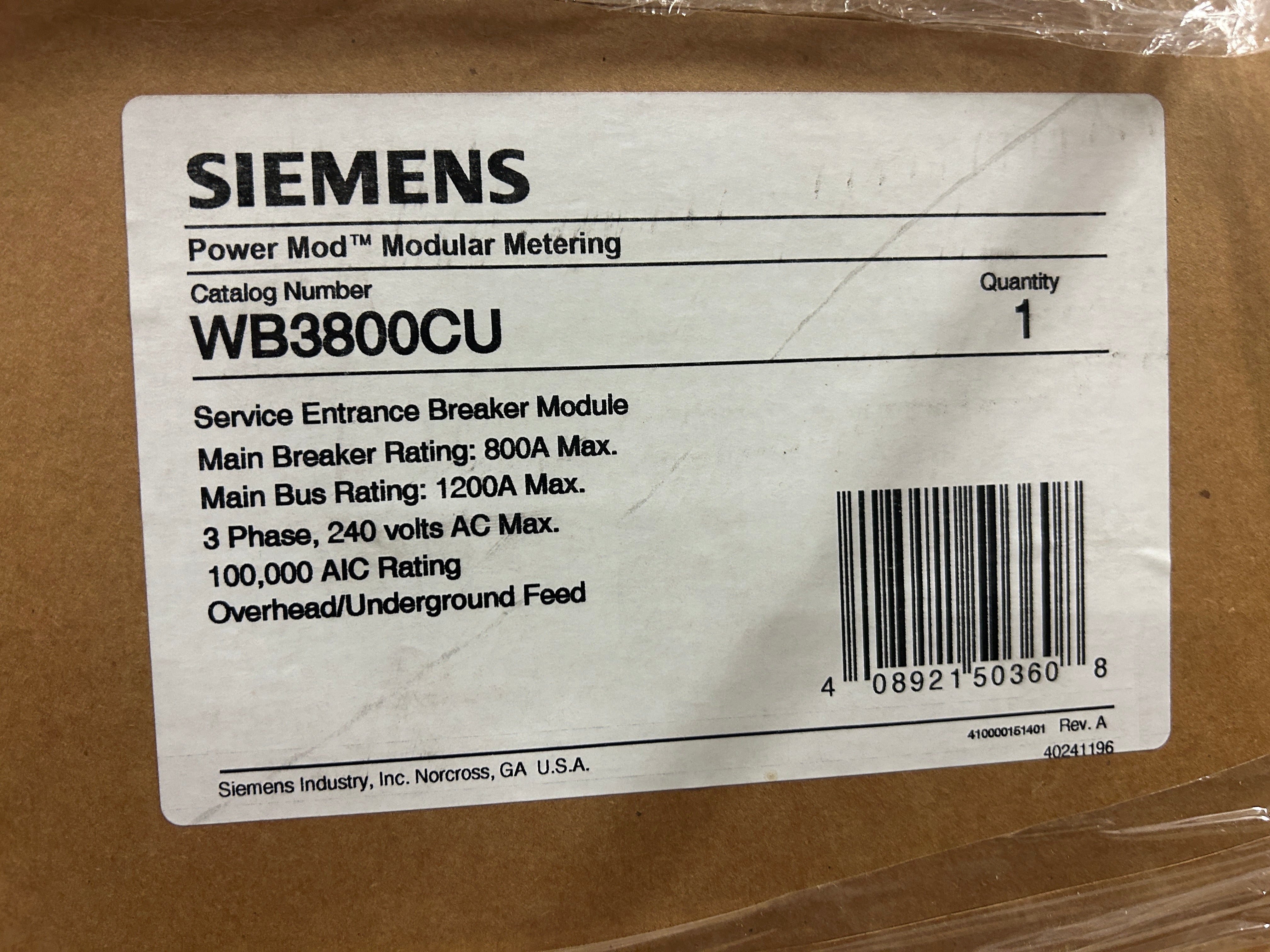 Siemens WB3800CU 3 Phase 800 Amp Main Circuit Breaker Disconnect