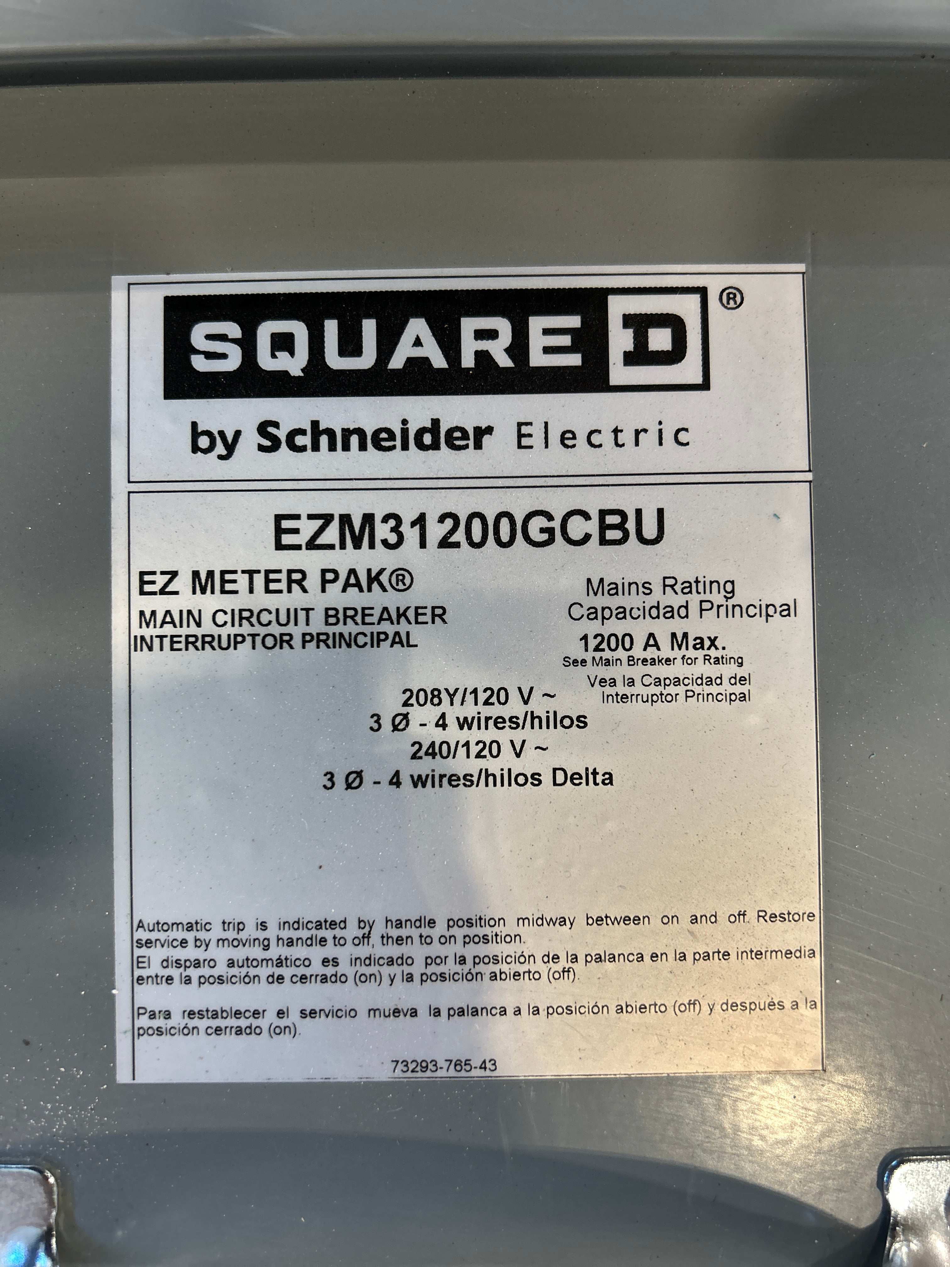 Square D EZM31200GCBU 1200A Main Circuit Breaker Disconnect