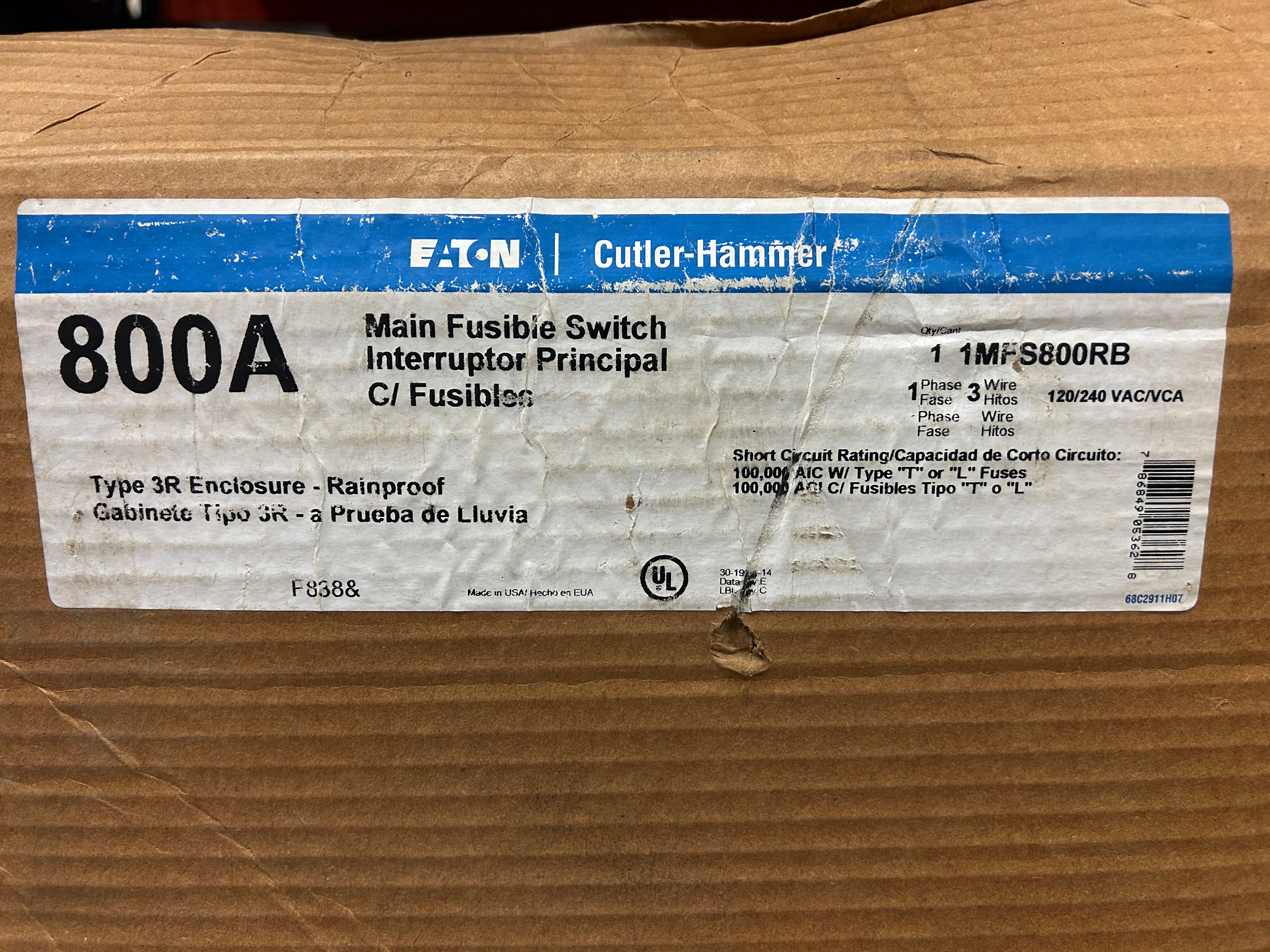 Eaton 1MFS800RB 800A Single Phase Main Fusible Switch Disconnect
