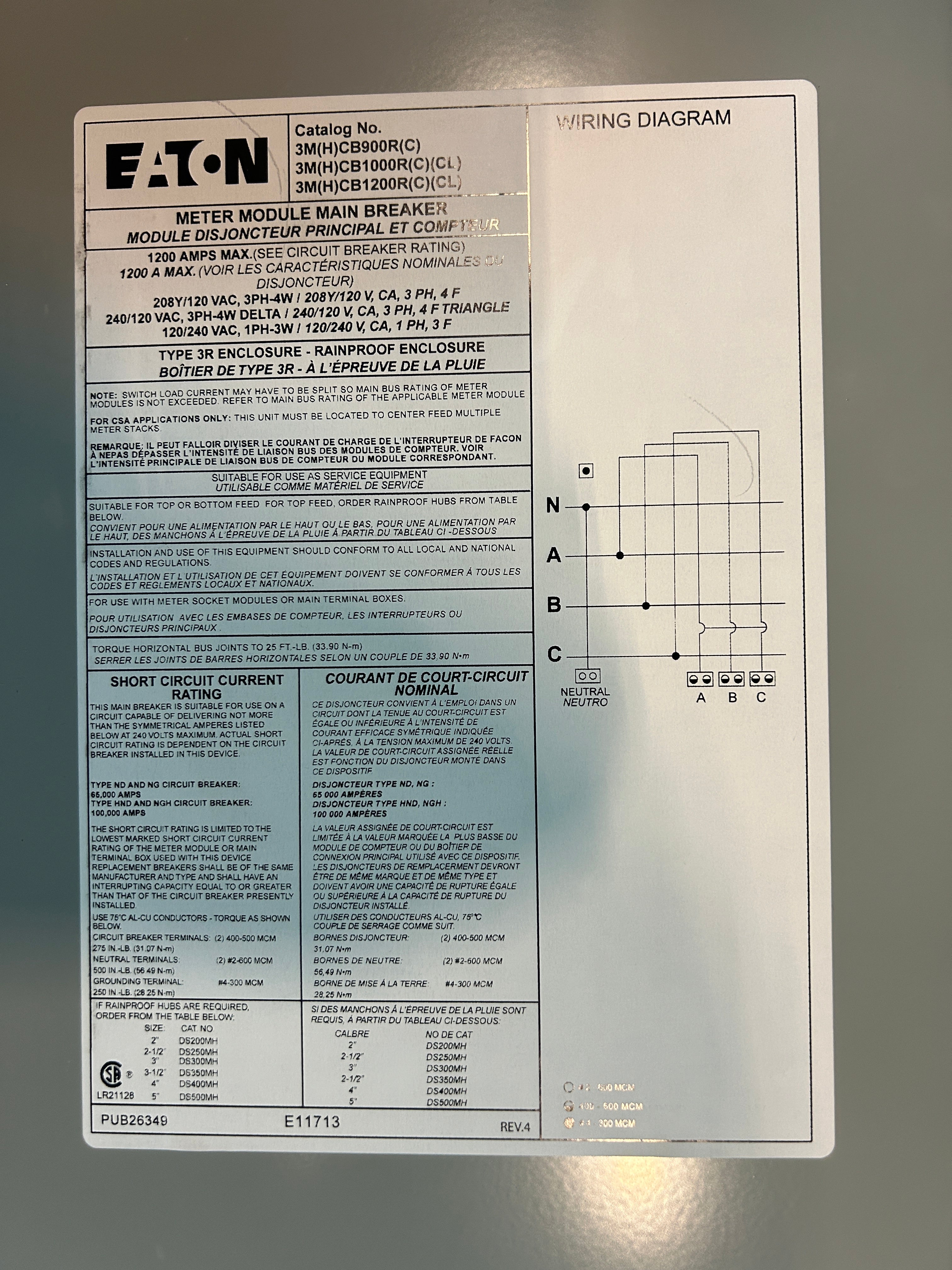 Eaton 3MCB1000R 3 Phase 1000A 65kAIC Main Disconnect for Modular Metering