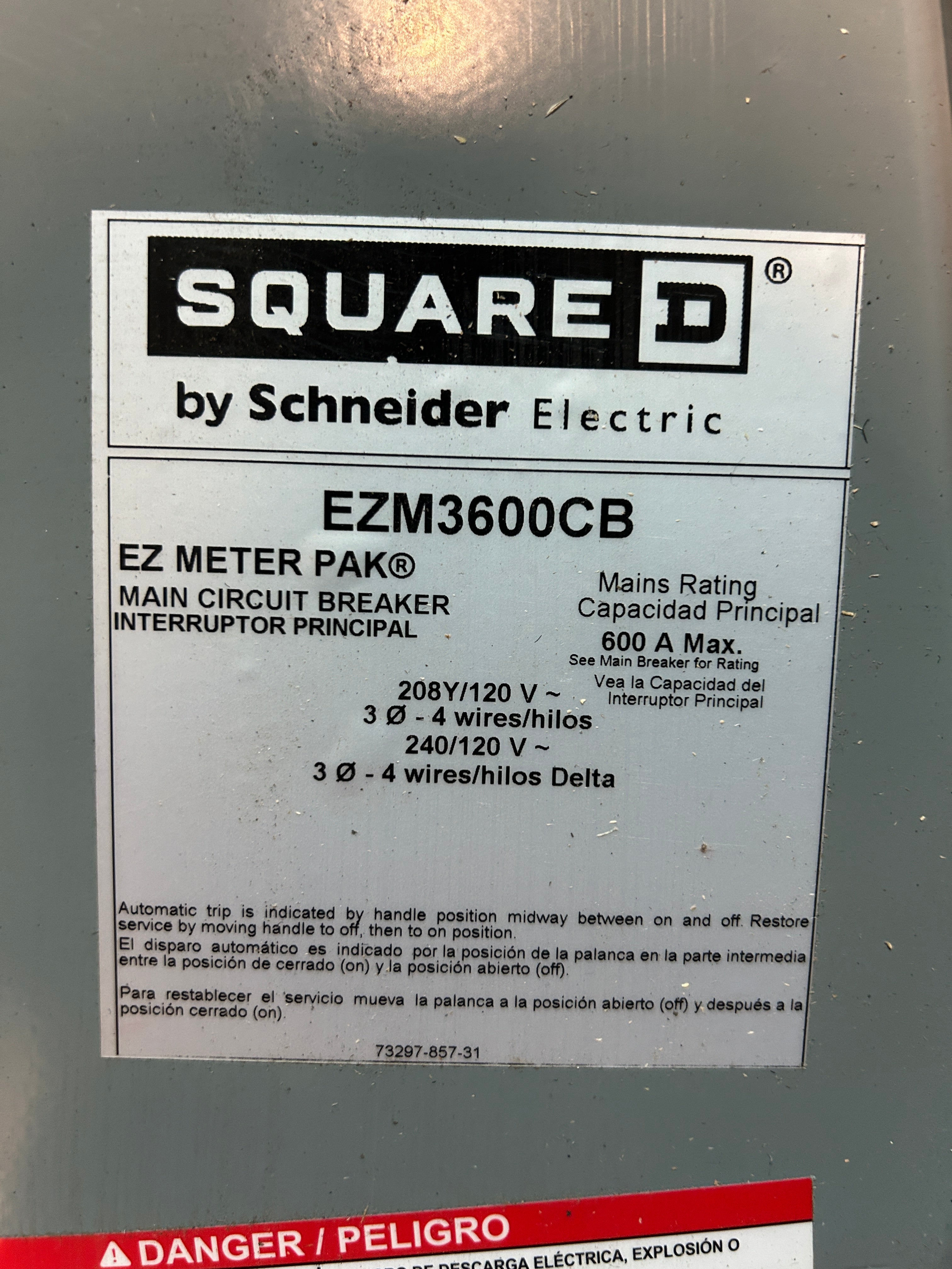 Square D EZM3600CB 600A Main Circuit Breaker Disconnect