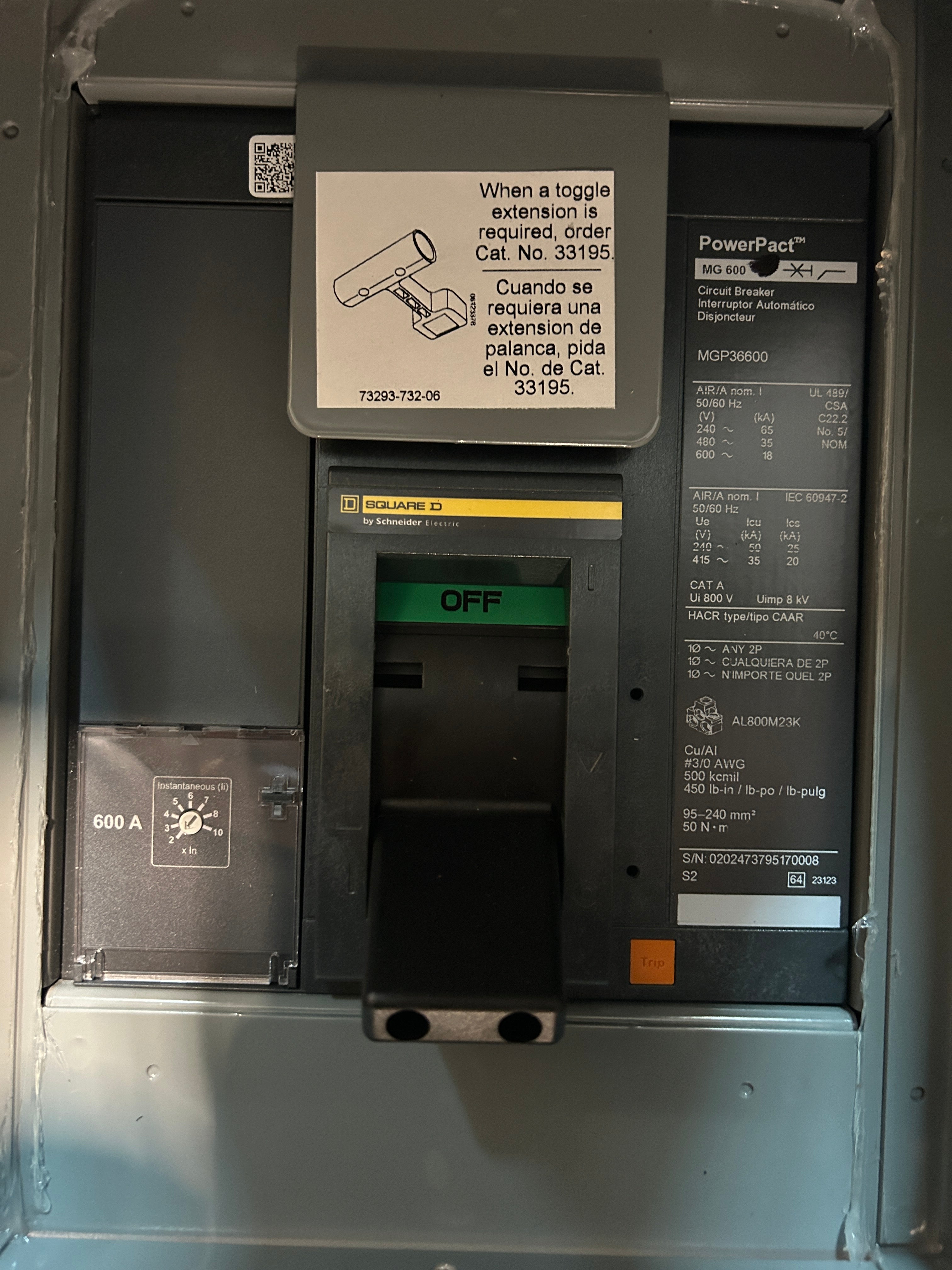 Square D EZM3600CB 600A Main Circuit Breaker Disconnect