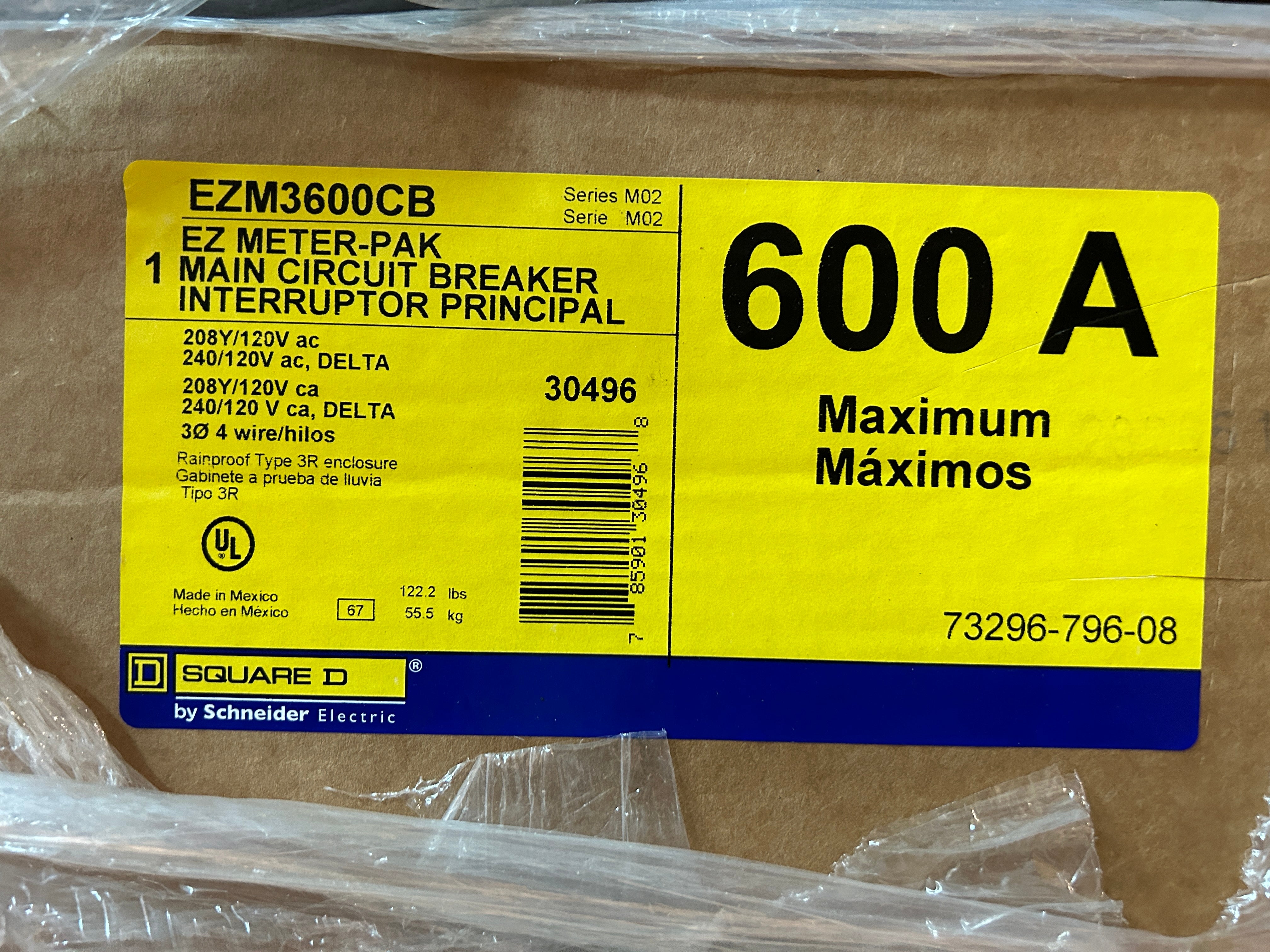 Square D EZM3600CB 600A Main Circuit Breaker Disconnect