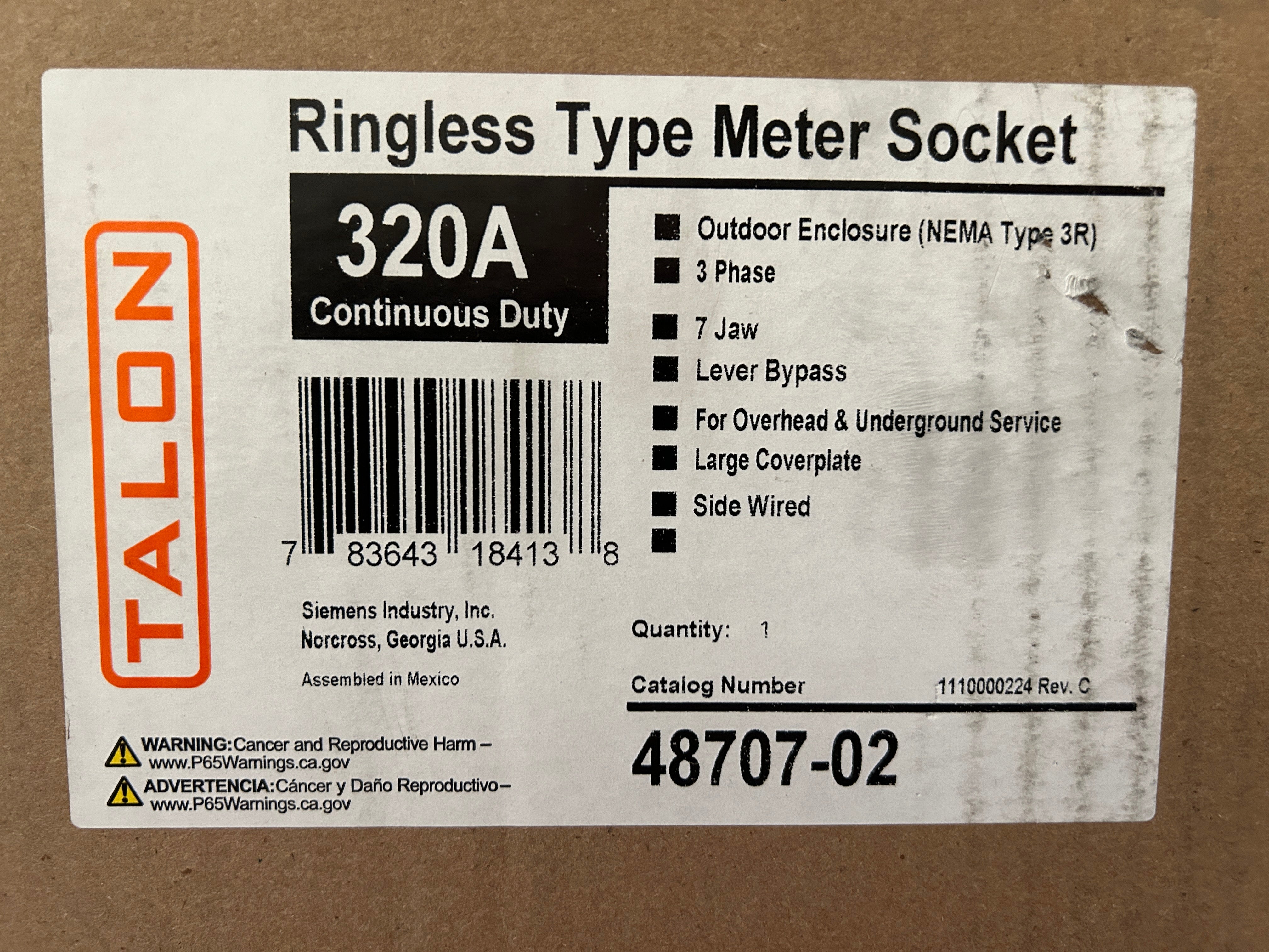 Siemens 48707-02 3 Phase 320A Continuous 600V AC Ringless Meter Socket