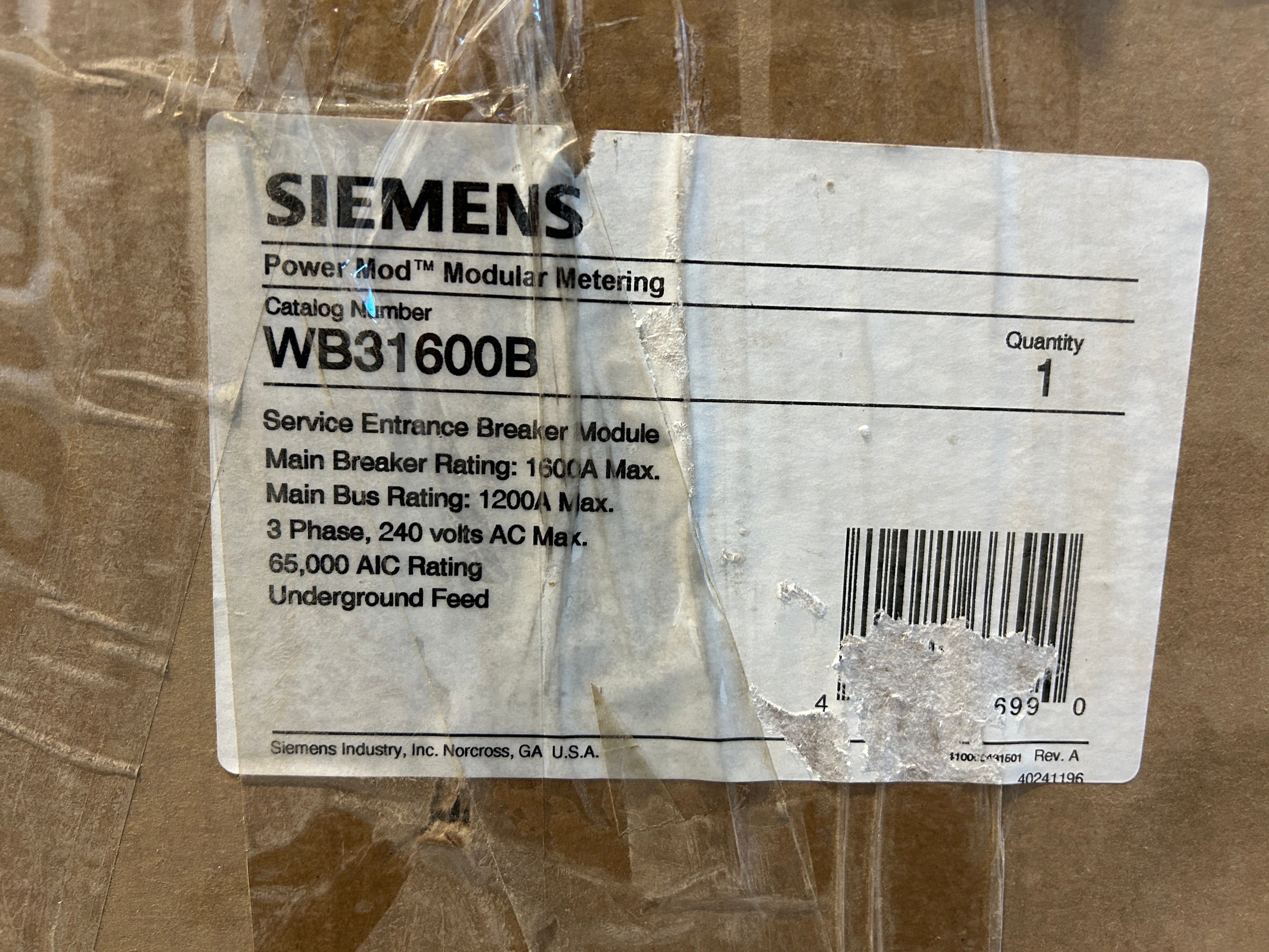 Siemens WB31600B 3 Phase 1600 Amp Main Disconnect