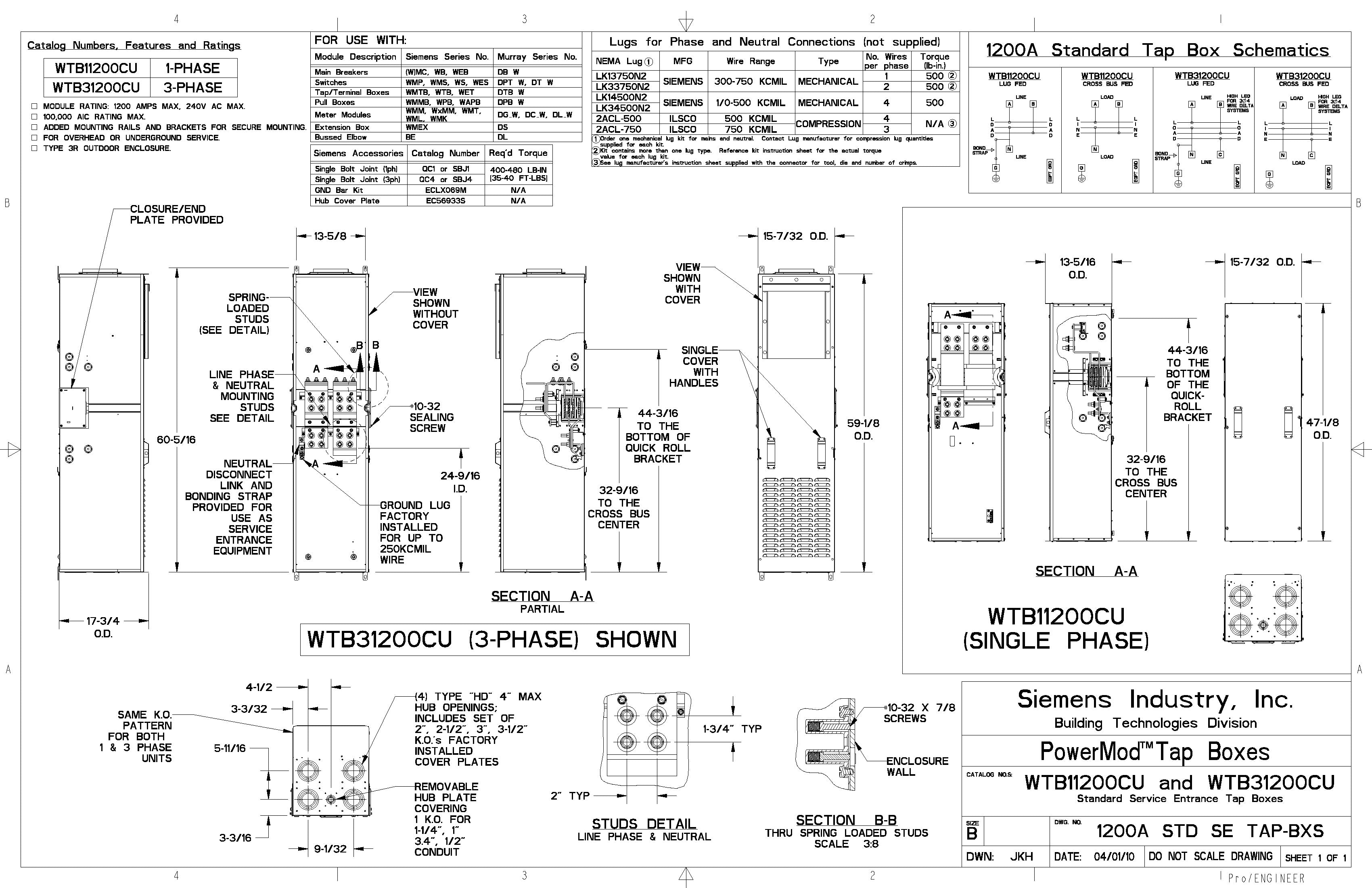 Siemens WTB31200CU 3PH 1200A 100kAIC Underground or Overhead Tap Box