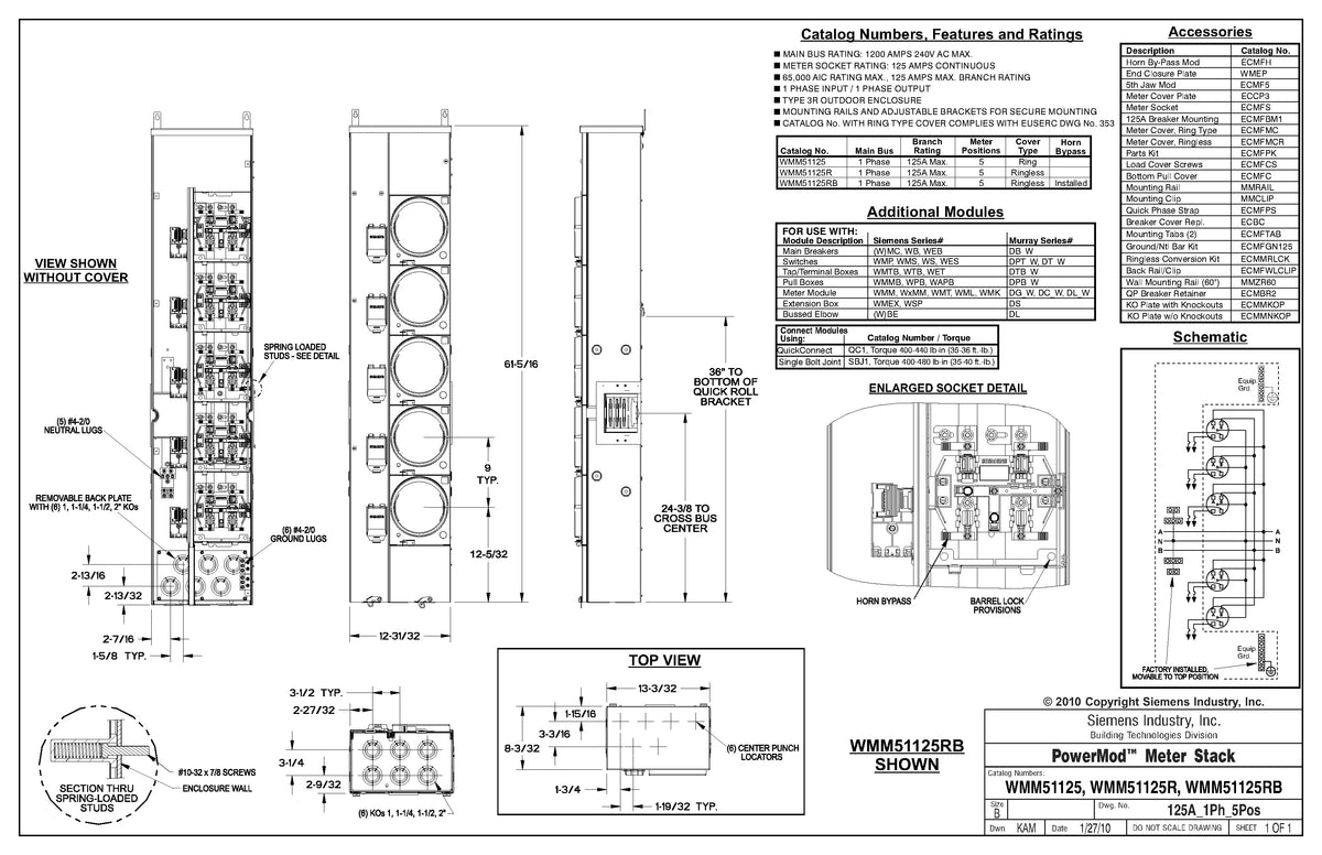 Meter Stack Brochure Siemens WMM51125R Single Phase 5-Gang 125A Ringless Meter Stack