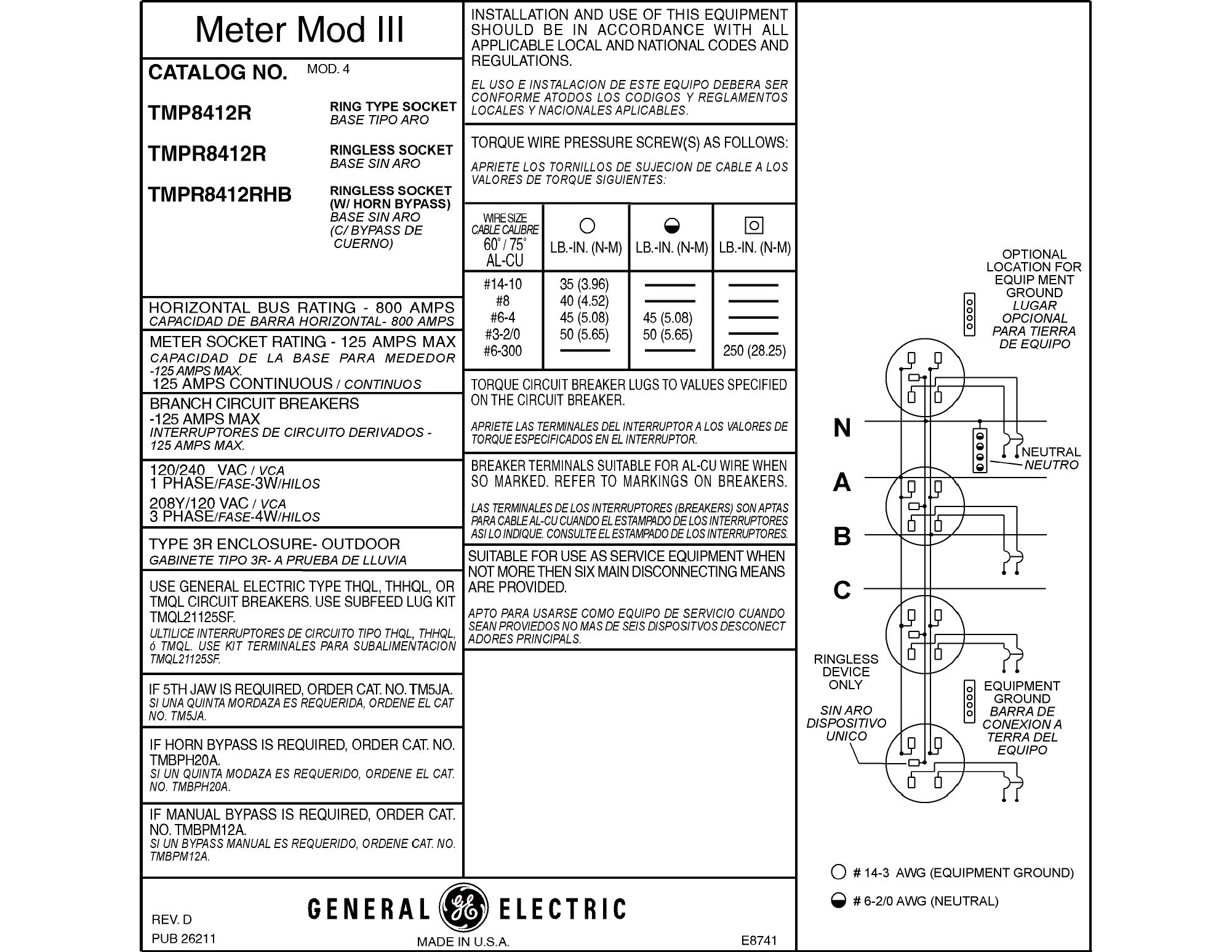 GE TMPR8412R Single Phase or Three Phase Ringless 4-Gang 125A Meter St