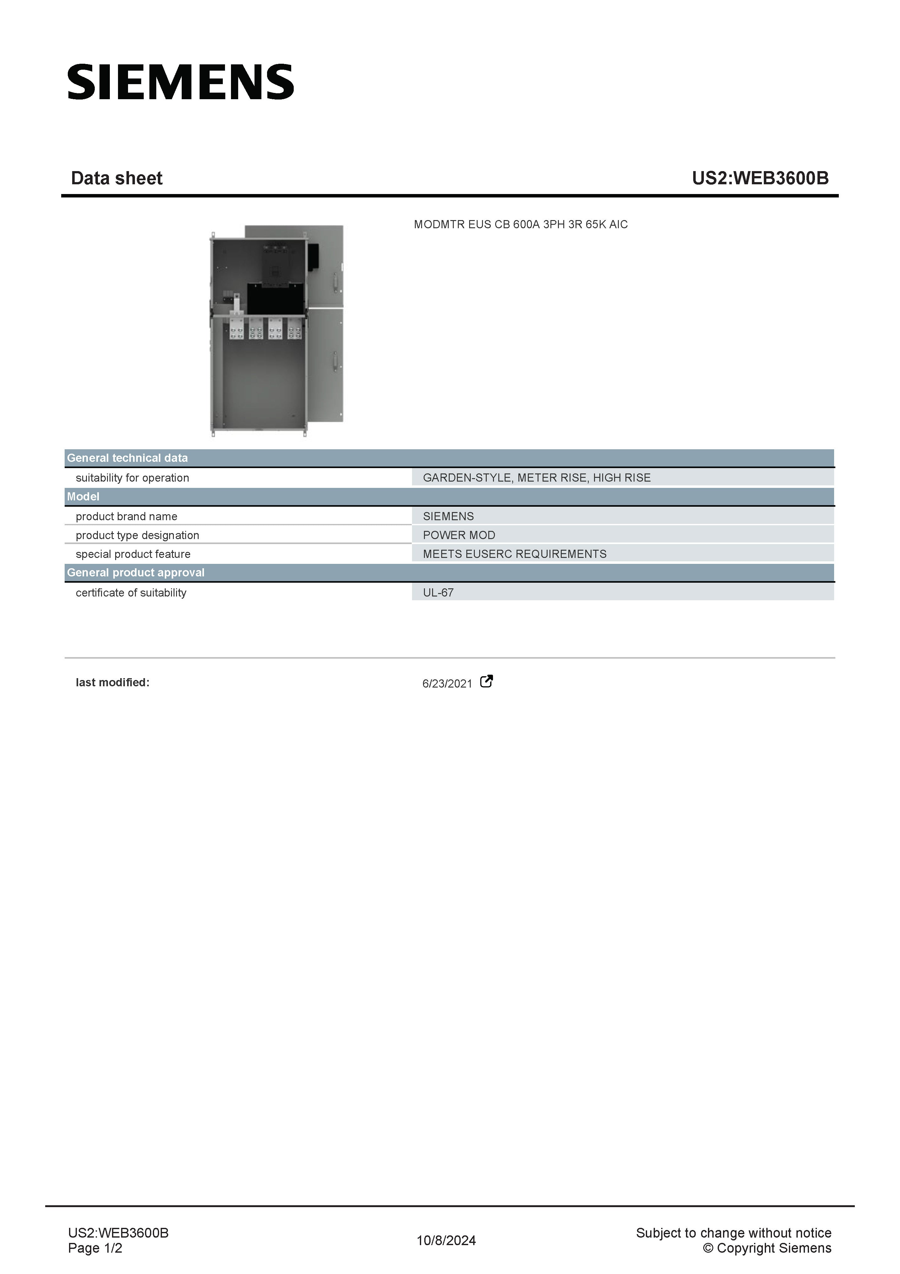 Siemens WEB3600B 3 Phase 600 Amp EUSERC Main Circuit Breaker Disconnect