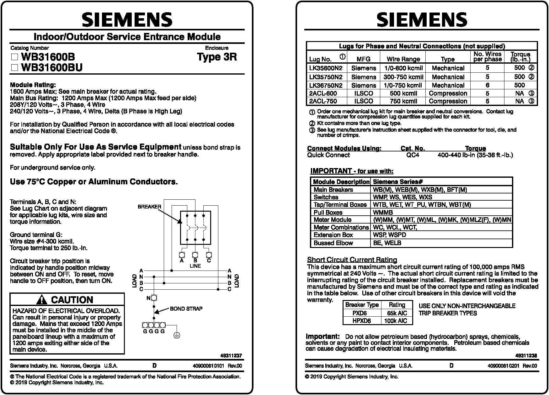 Siemens WB31600B 3 Phase 1600 Amp Main Disconnect