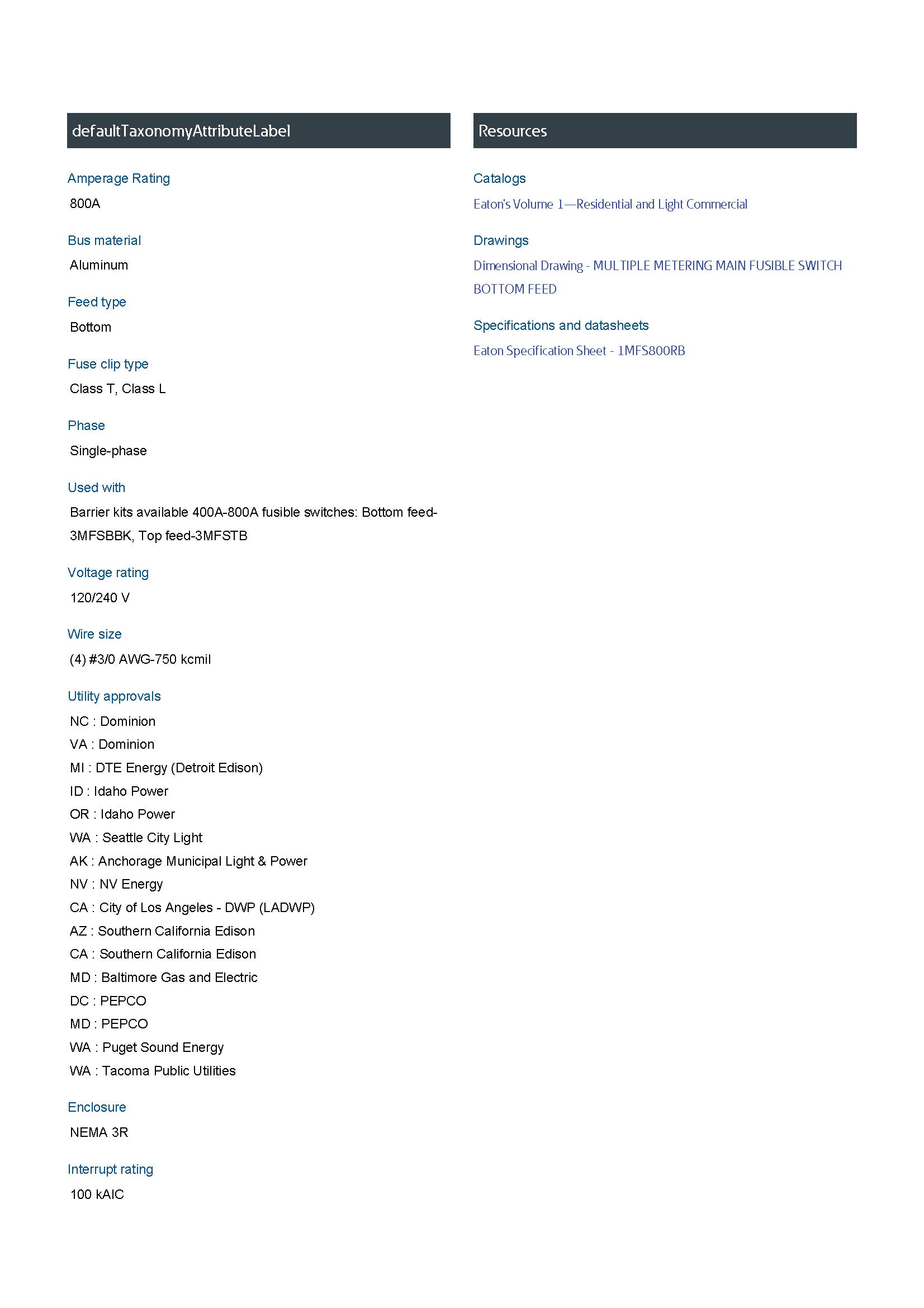 Eaton 1MFS800RB 800A Single Phase Main Fusible Switch Disconnect