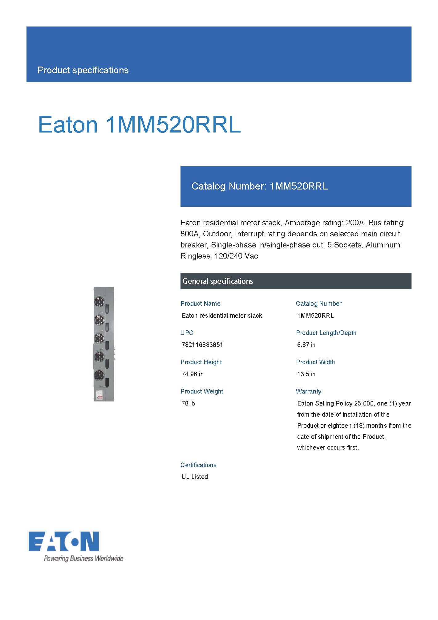 Eaton 1MM520RRL Single Phase 5-Gang 200A Socket Ringless Meter Stack