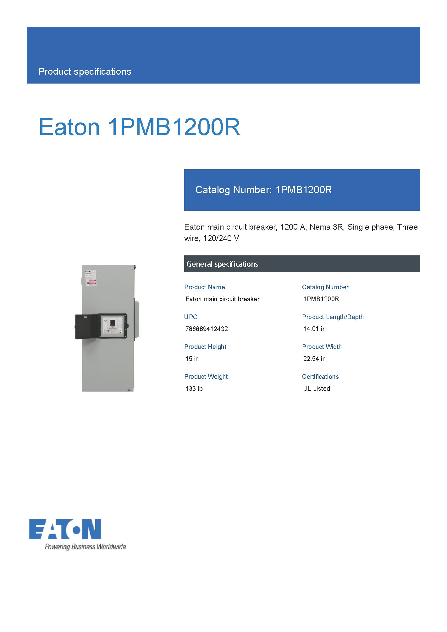 Eaton 1PMB1200R 1200A Single Phase Main Disconnect With Arcflash Reduction Maintenance System