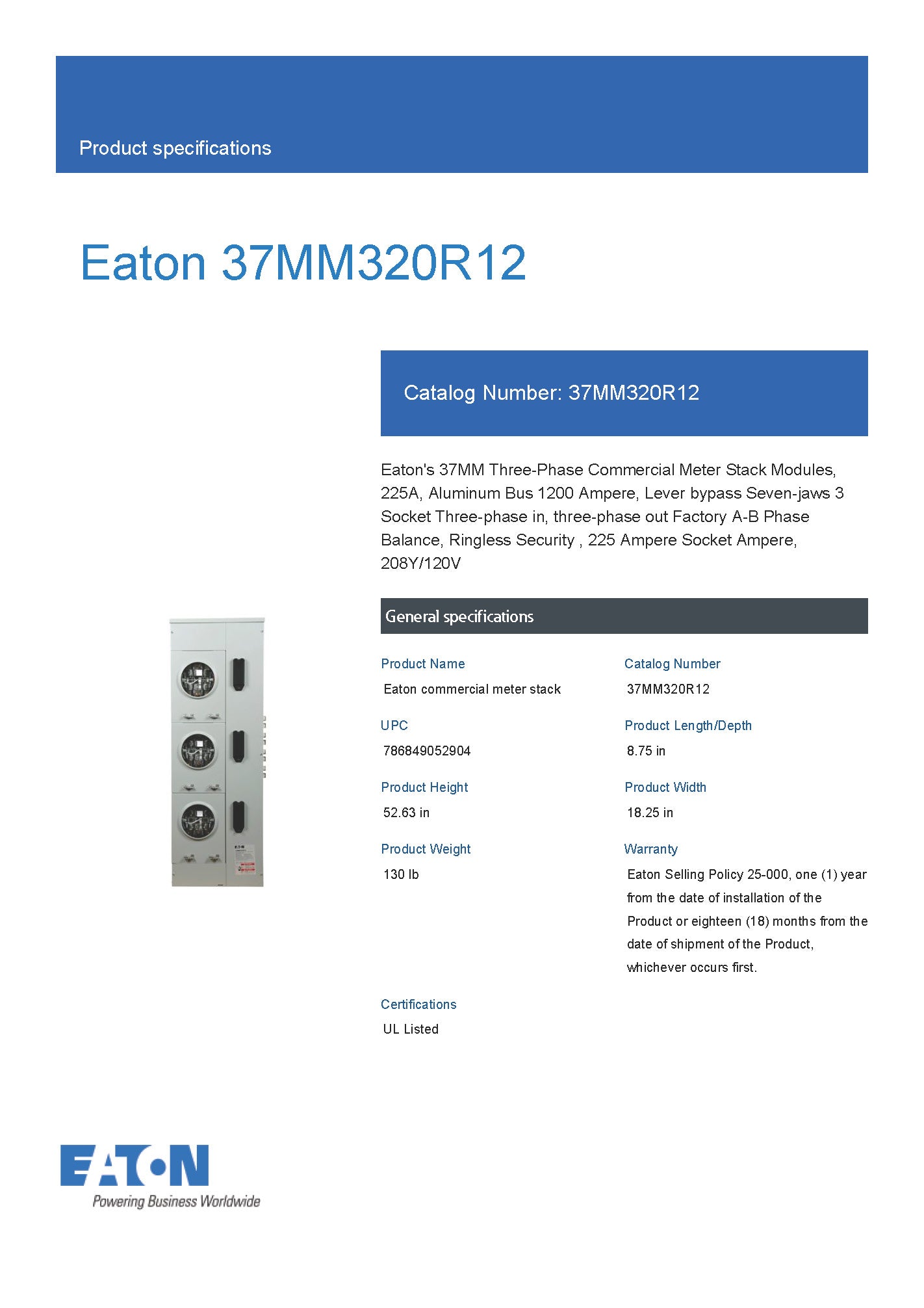 Eaton 37MM320R12 3PH In / 3PH Out Lever Bypass 225A Socket 1200A Bus Ringless Meter Stack