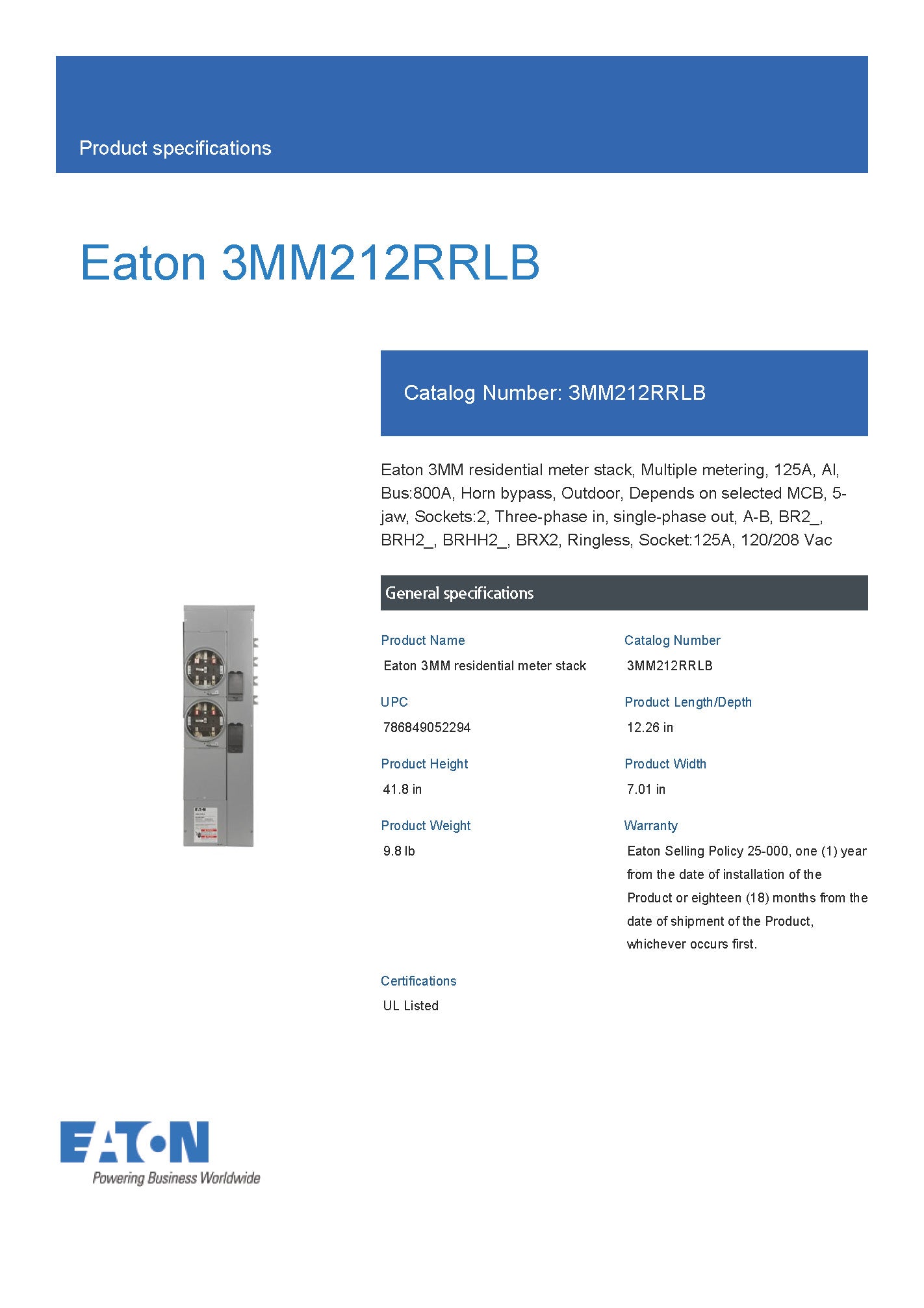 Eaton 3MM212RRLB 3PH In / Single Phase Out 2 Gang 125A Socket Ringless Horn Bypass Meter Stack