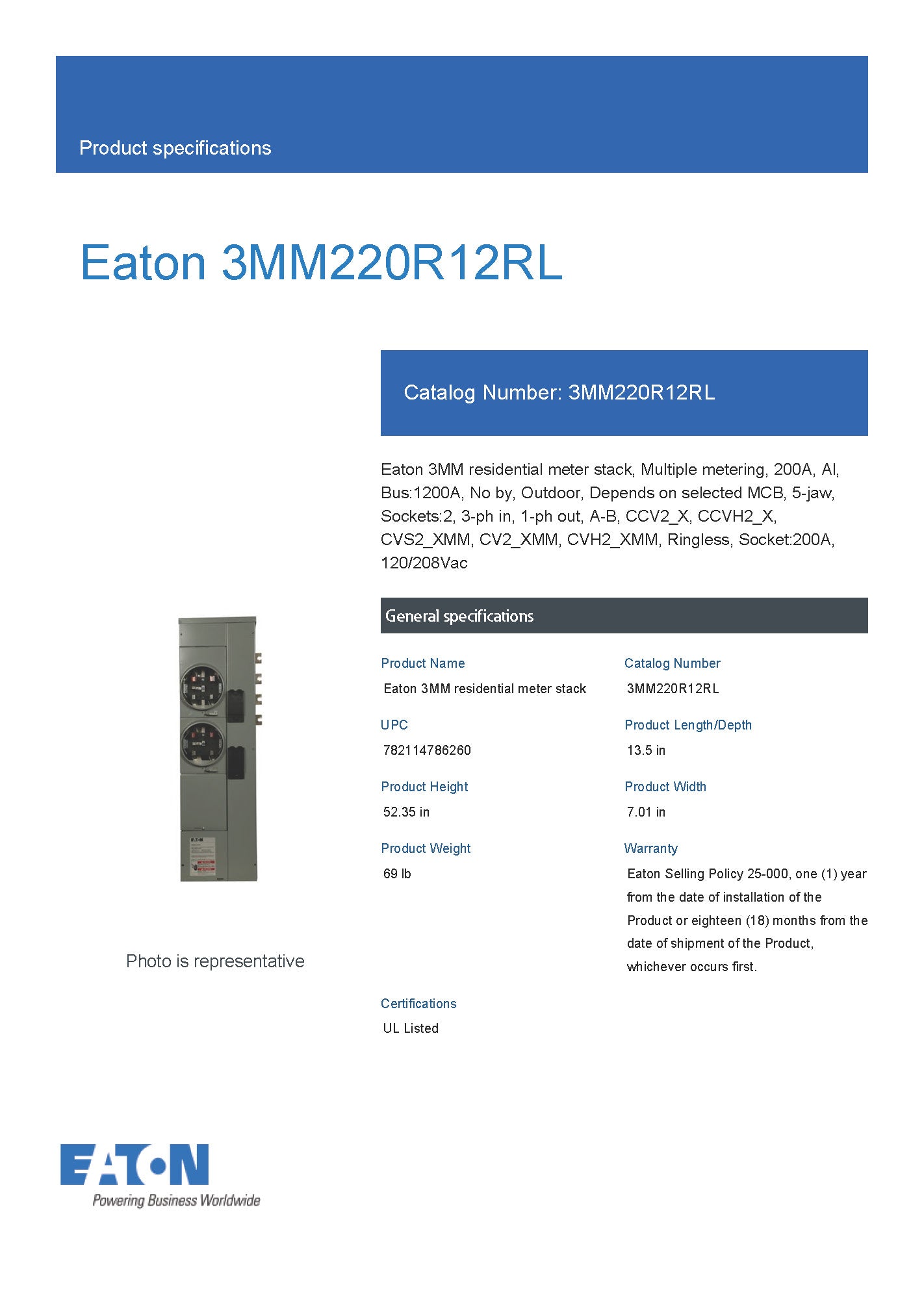 Eaton 3MM220R12RL Three Phase In / Single Phase Out 2-Gang 200A Socket 1200A Bus Ringless Meter Stack