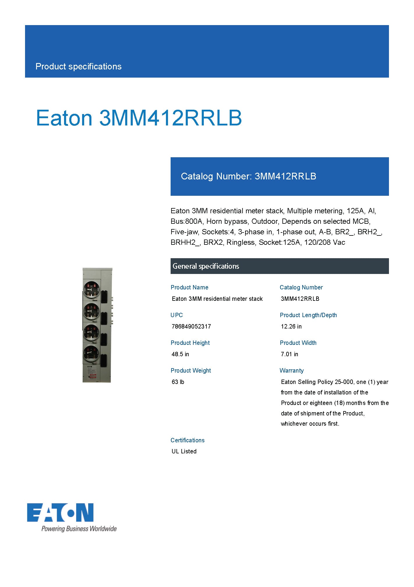 Eaton 3MM412RRLB 3PH In / Single Phase Out 4 Gang 125A Socket Ringless Horn Bypass Meter Stack