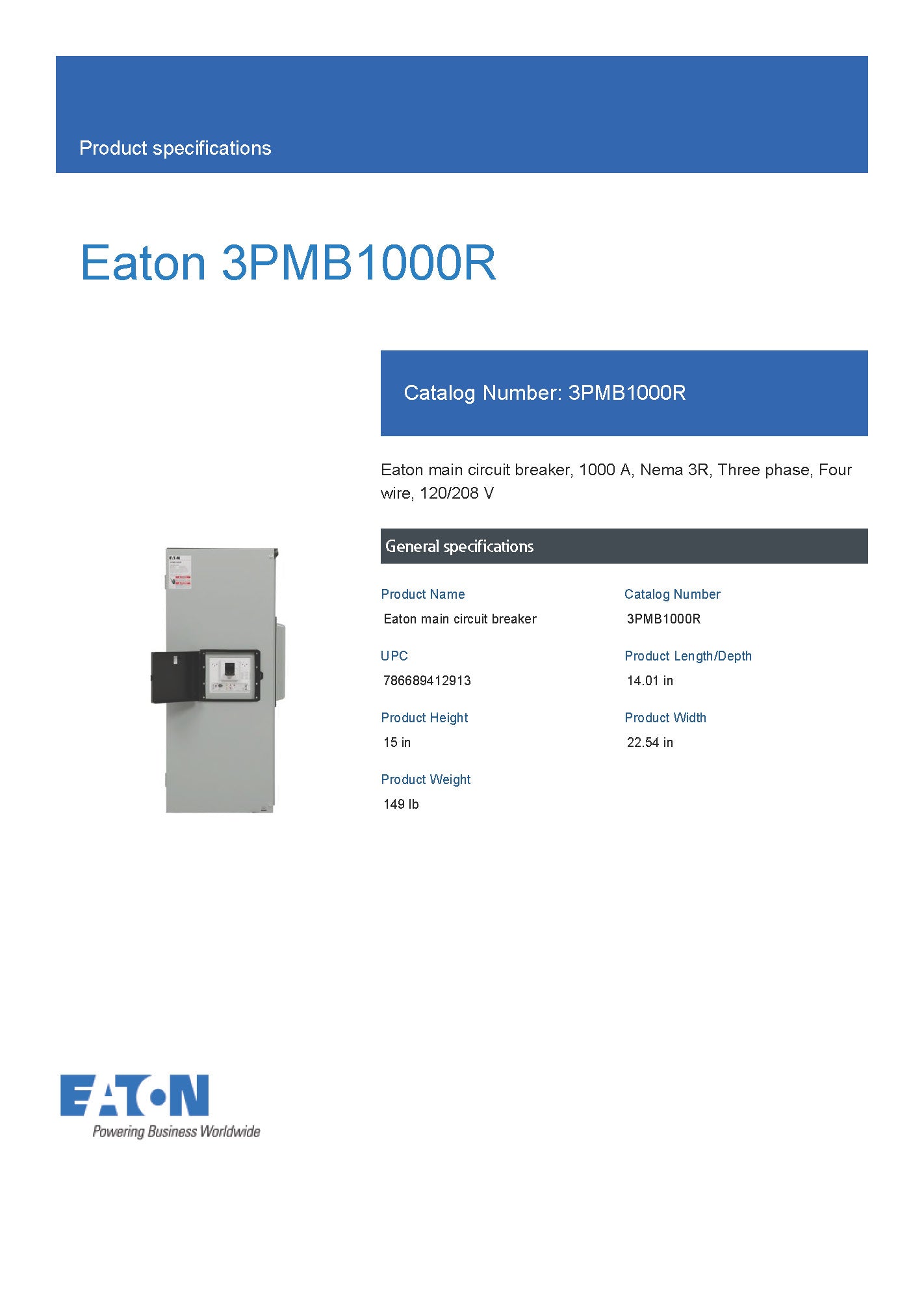 Eaton 3PMB1000R 3 Phase 1000A Main Disconnect w/ARMS Maintenance Mode