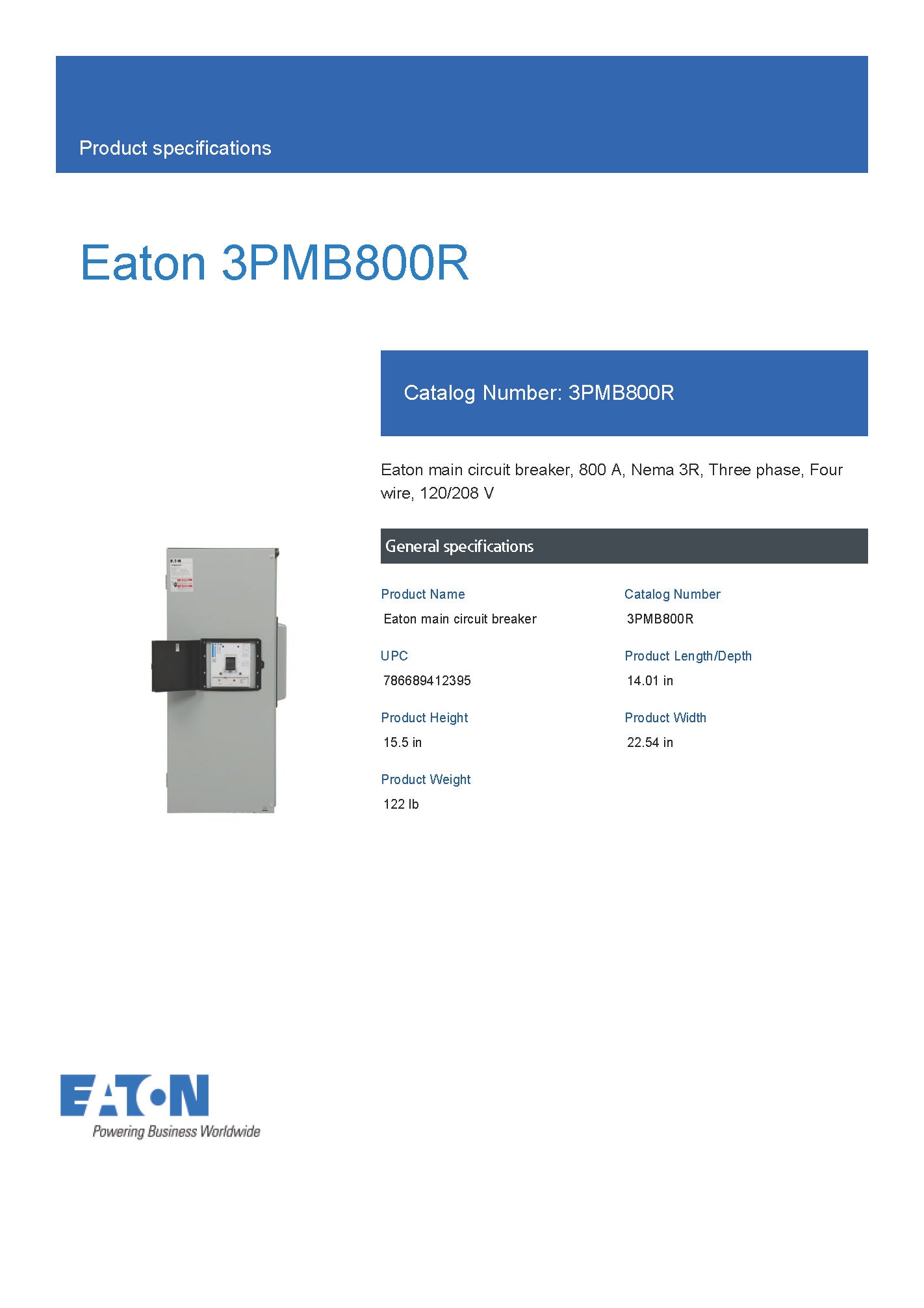 Eaton 3PMB800R 3PH 800A Main Disconnect for Modular Metering
