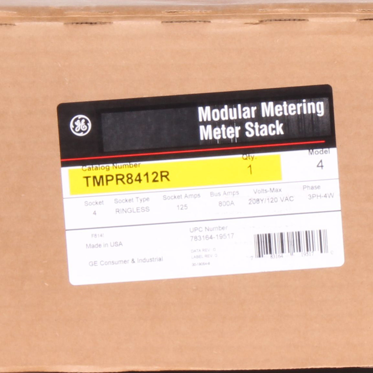 GE TMPR8412R Single Phase or Three Phase Ringless 4-Gang 125A Meter Stack