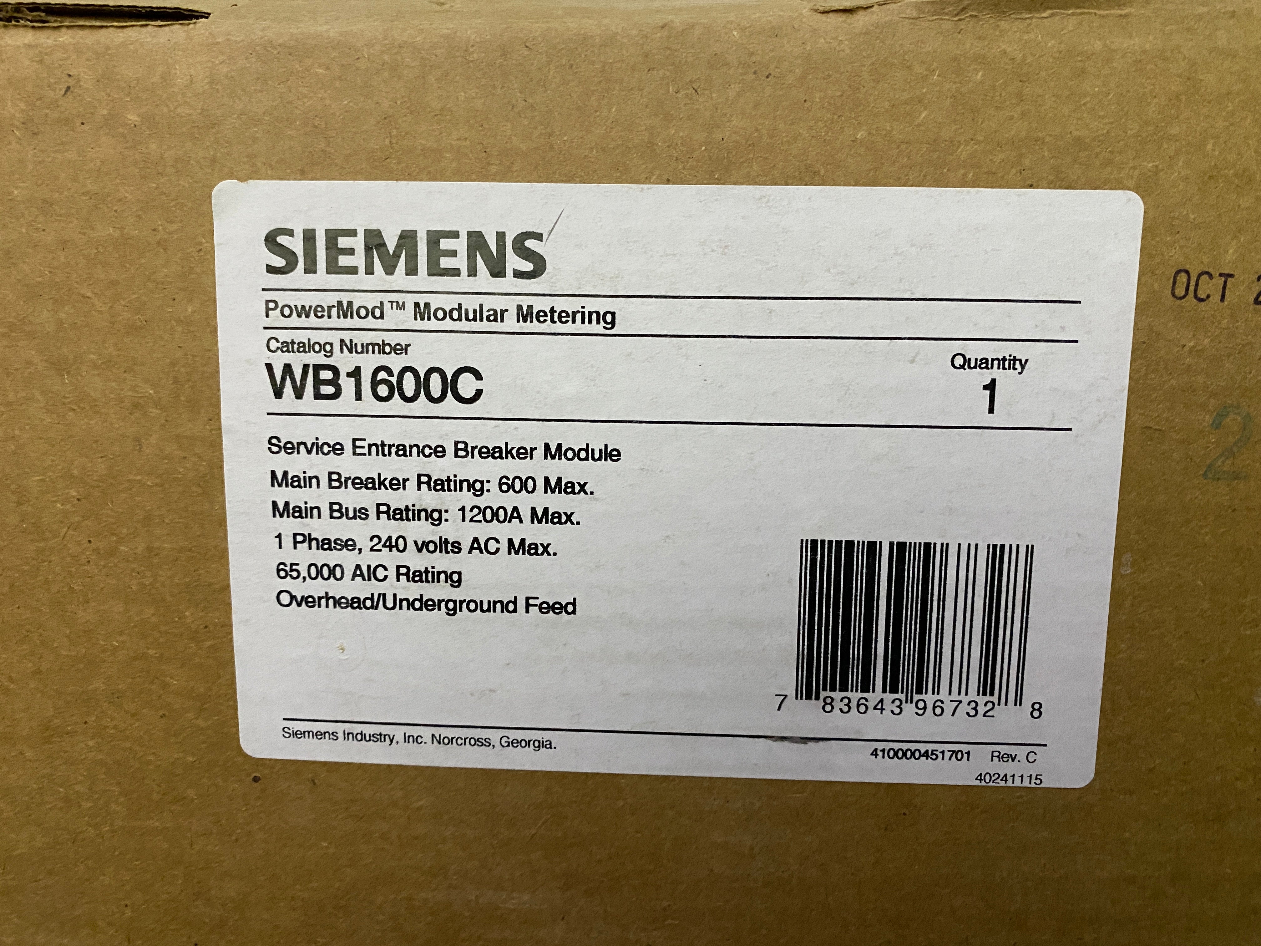 Siemens WB1600C Single Phase 600 Amp Main Circuit Breaker Disconnect