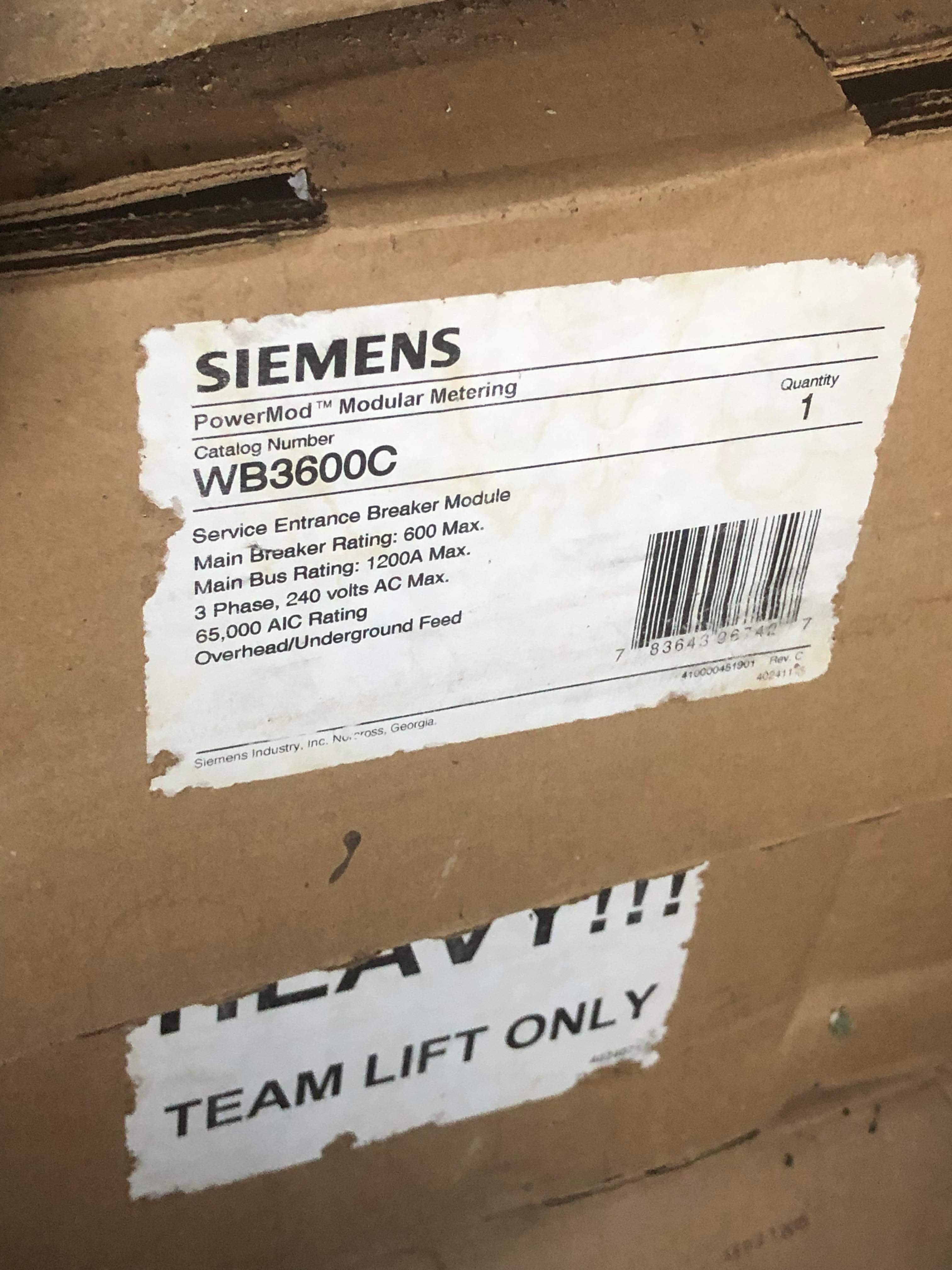 Siemens WB3600C 3 Phase 600 Amp Main Circuit Breaker Disconnect