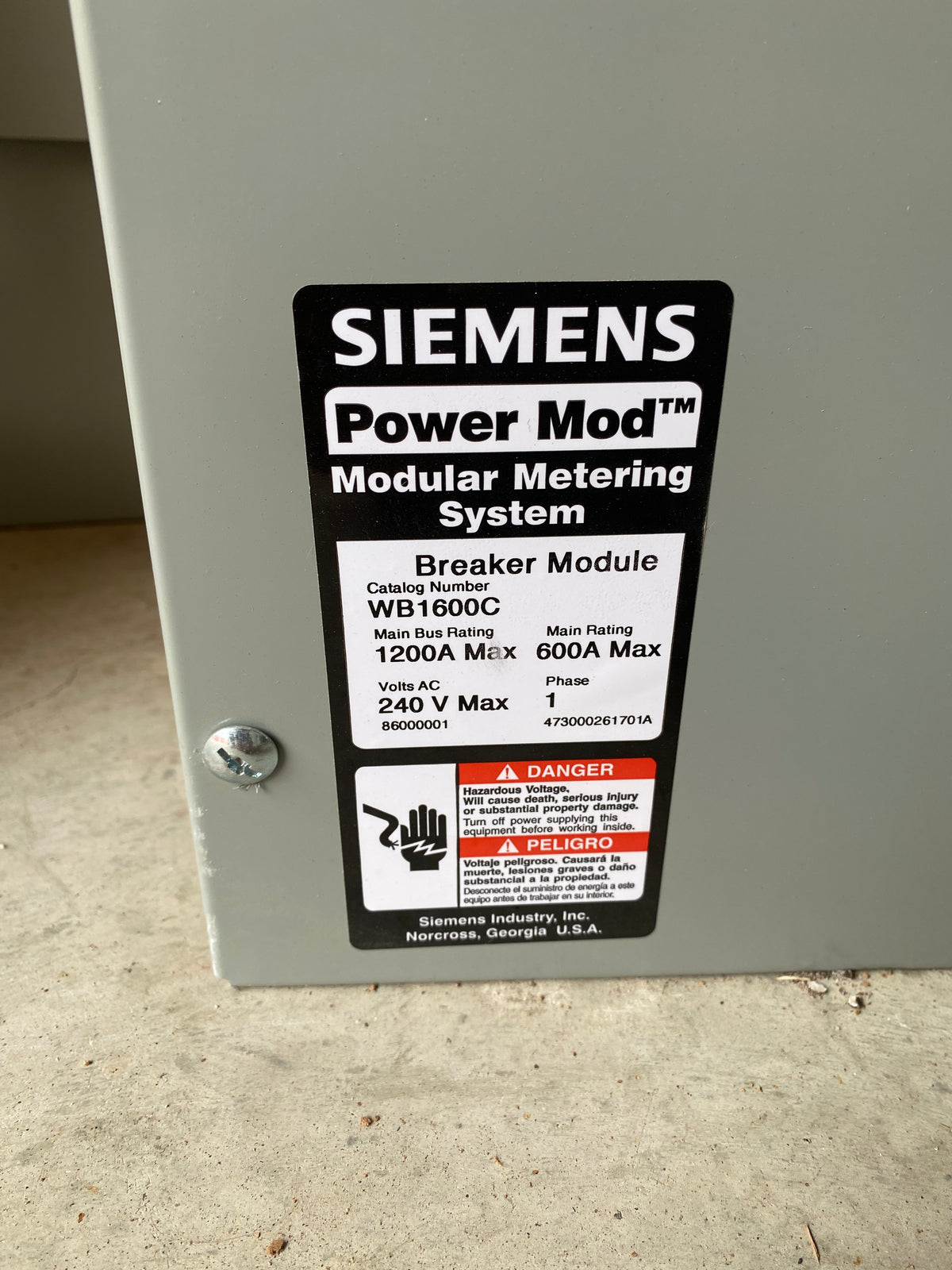 Siemens WB1600C Single Phase 600 Amp Main Circuit Breaker Disconnect