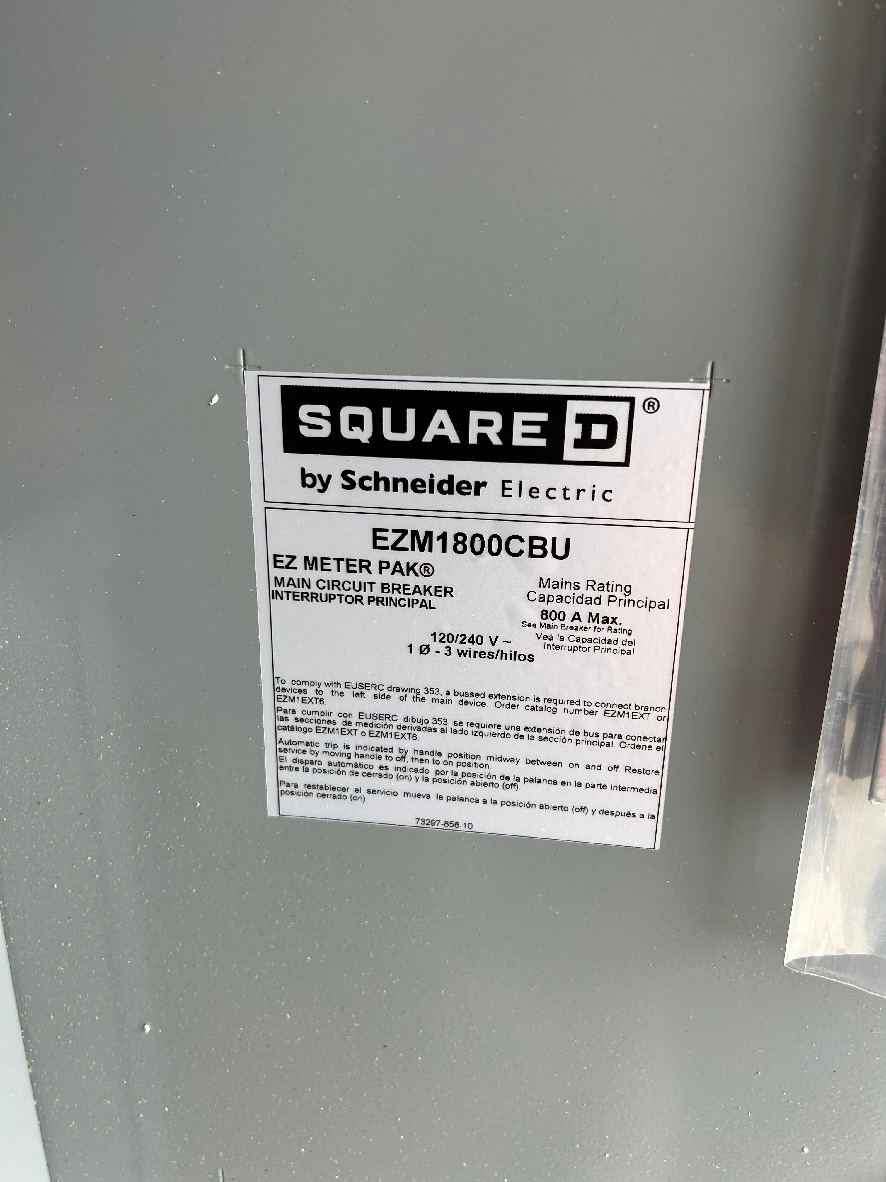 Square D EZM1800CBU 800A Main Circuit Breaker Disconnect